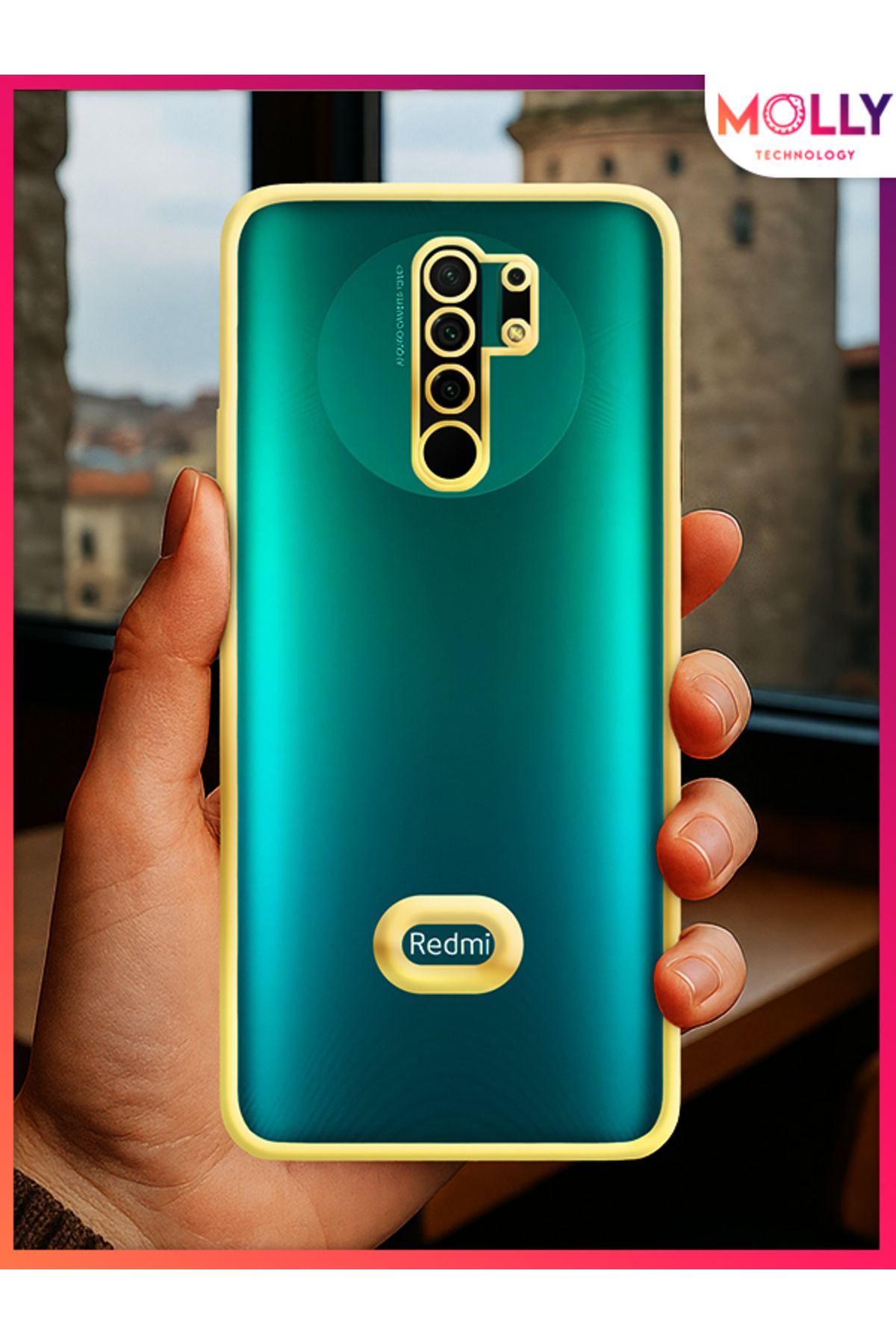 Molly Xiaomi Redmi 9 İçin Kenarları Gold Lens Koruyuculu Lou Lazer Şeffaf Silikon Kılıf