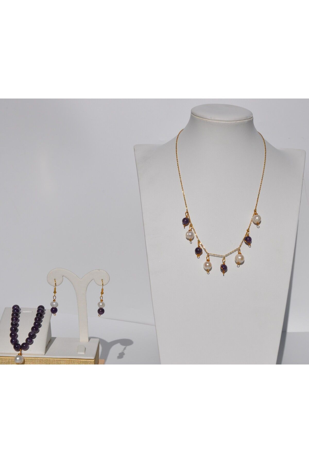 Nilfu Atelier İNCİ AMETİST DOĞAL TAŞ KOLYE BİLEKLİK KÜPE TAKI SETİ