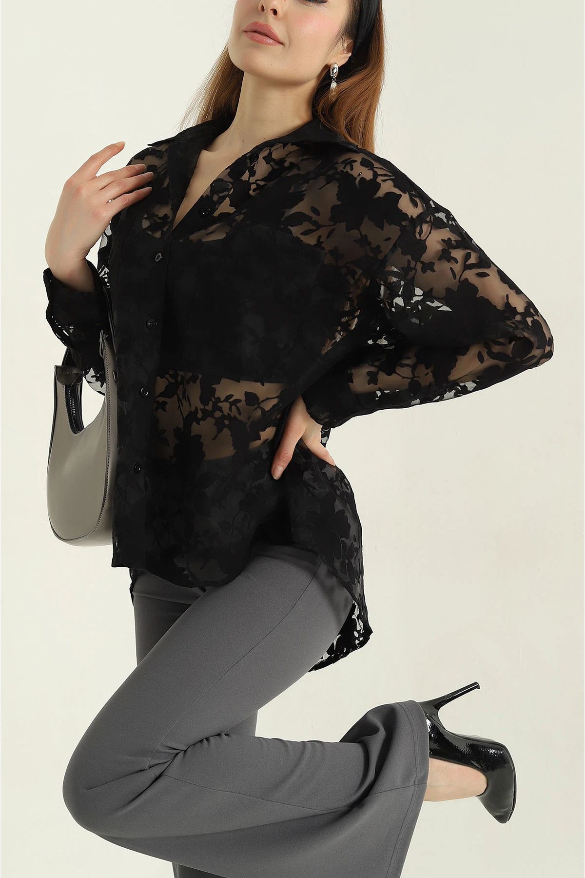 Secret Passion Lingerie Siyah Cep Detay Tül Kadın Gömlek
