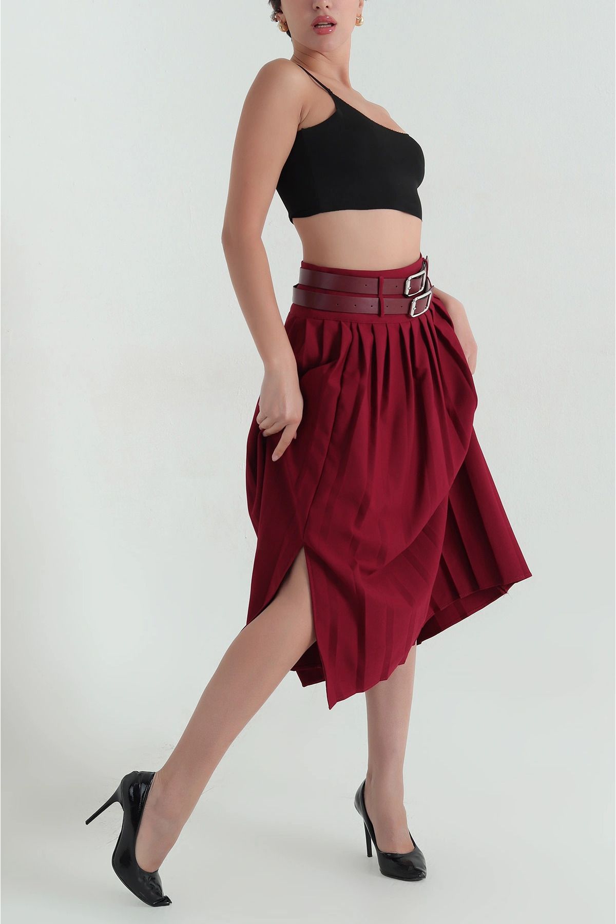 Secret Passion Lingerie Bordo Çift Kemerli Pileli Poliviskon Kadın Etek