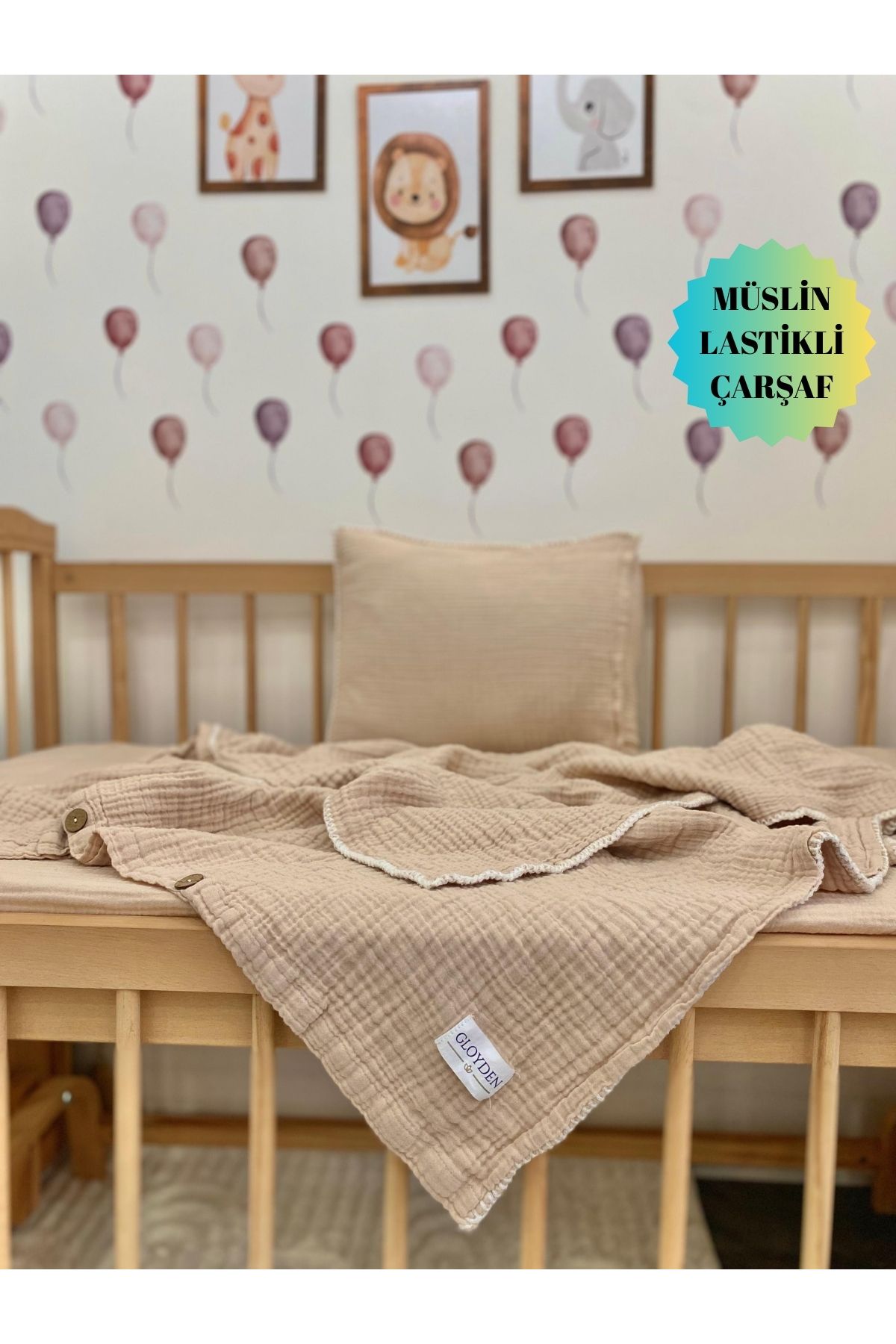 GLOYDEN Bebek Nevresim Takımı Müslin Bej 70x120 - Müslin Lastikli Çarşaflı