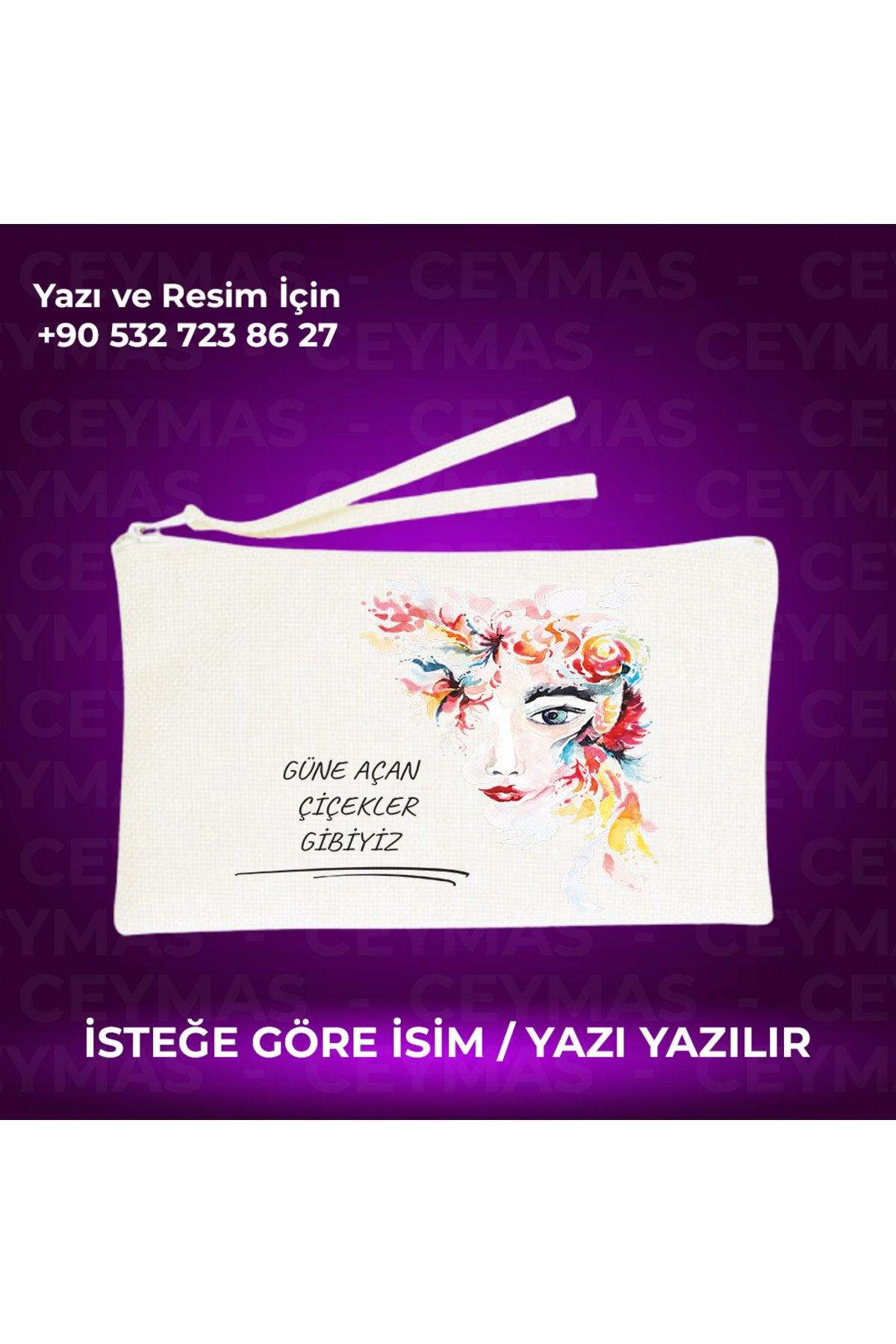 Ceymas Hediyelik İsim Baskılı Güne Açan Çiçekler Gibiyiz Baskılı Keten Makyaj Çantası