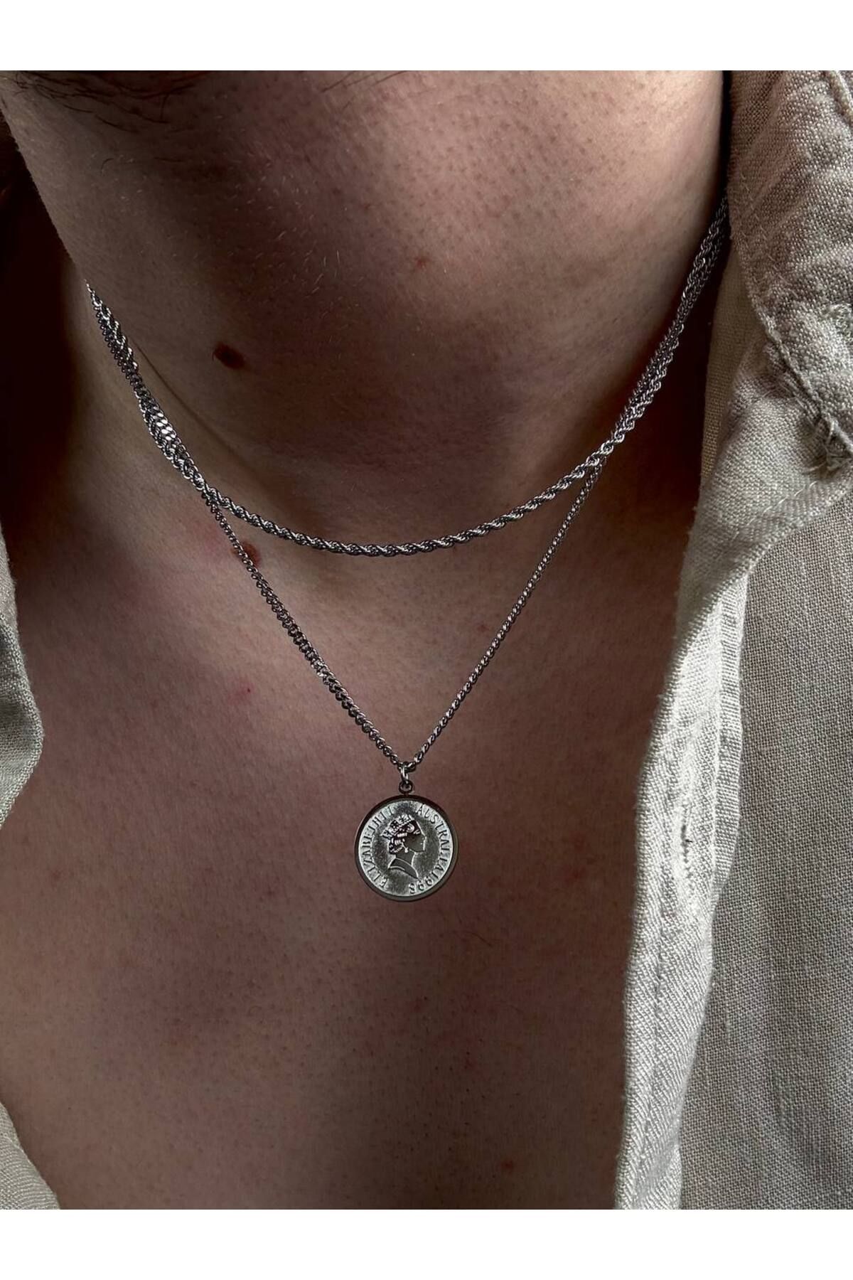 Arvens Erkek Silver Paslanmaz Çelik İkili Zincir Kolye Renk Atmaz Solma Yapmaz Unısex Solmaz