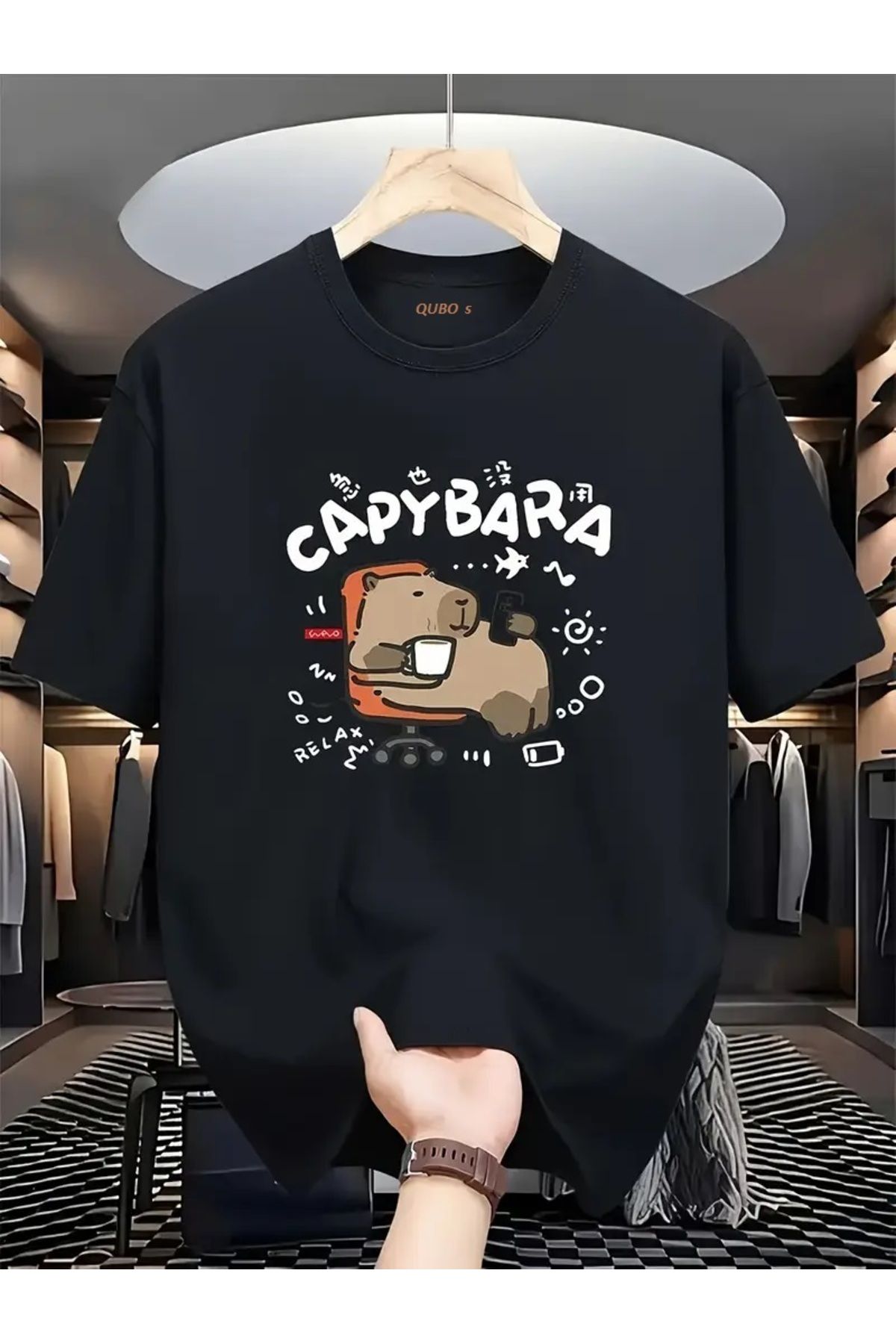 qubo sportswear & company qubo Unisex Oversize Baskılı Pamuklu Bisiklet Yaka Kısa Kollu SİYAH T-shirt