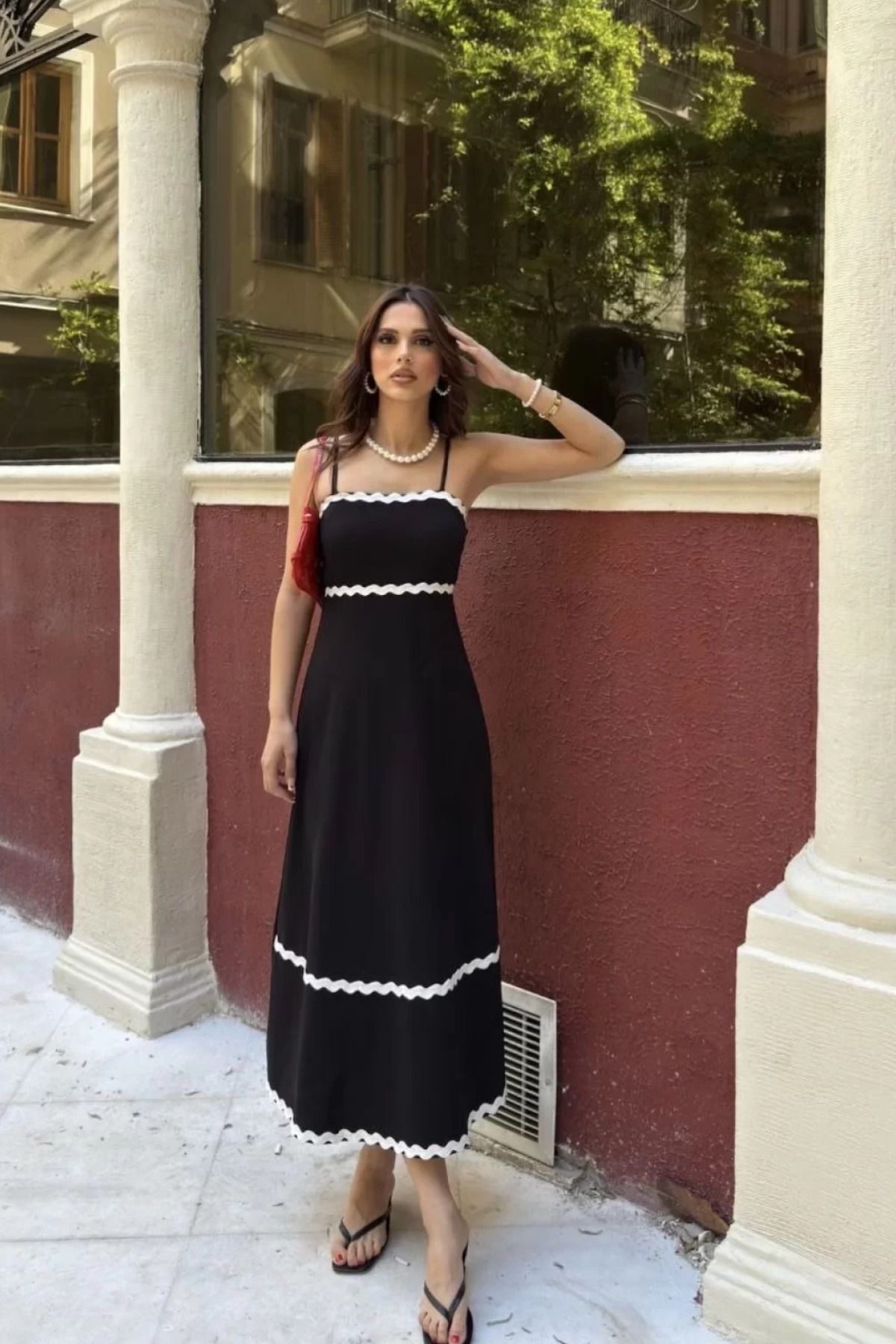 İndigo Park Askılı Uzun Elbise Şerit Detaylı Şık ve Rahat