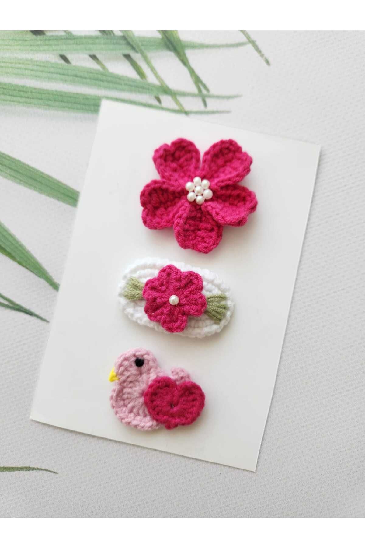 Kadın Girişimciler Atölyesi Zerafet Fuşya Set Bebek Tokası El Emeği 3'lü Klips Saçsız Bebek Tokası Handmade Bebek Hediyelik
