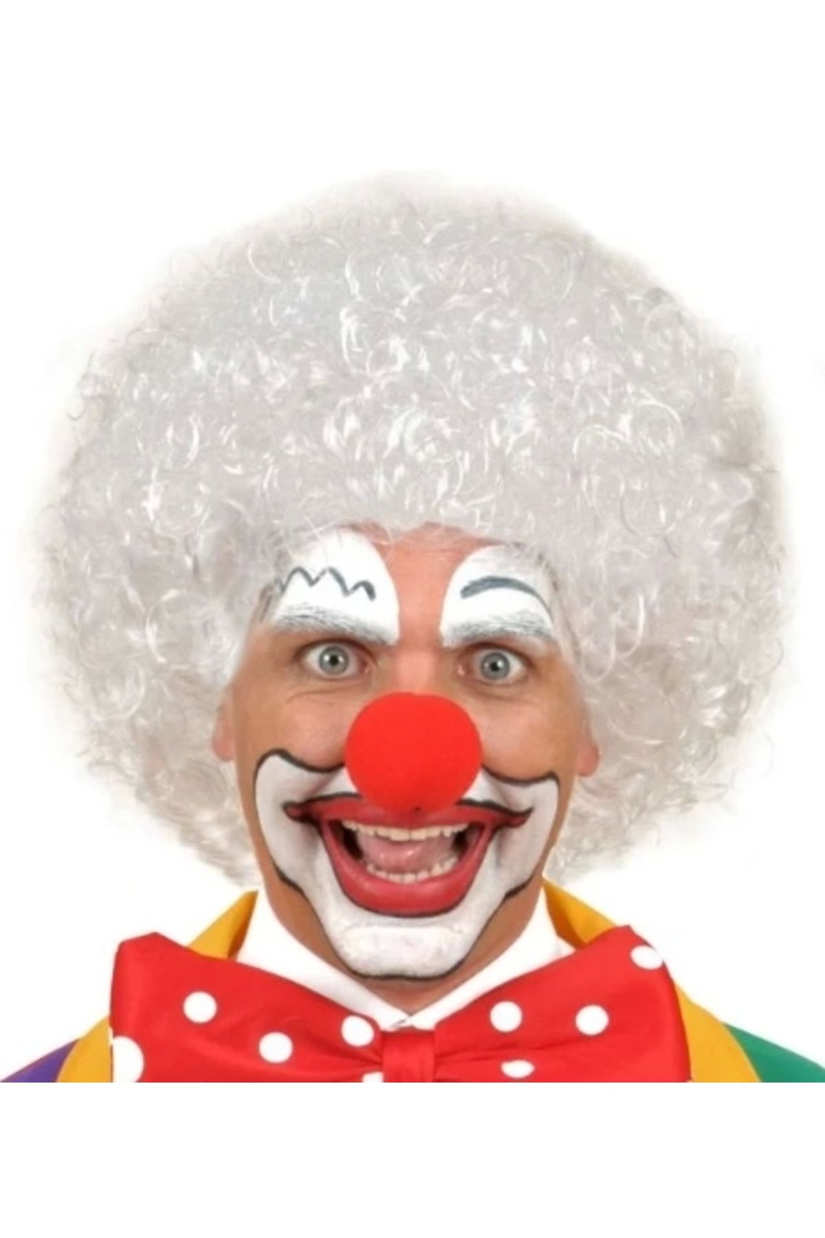 TTT Beyaz Kıvırcık Afro Peruk ve Kırmızı Sünger Burun Seti