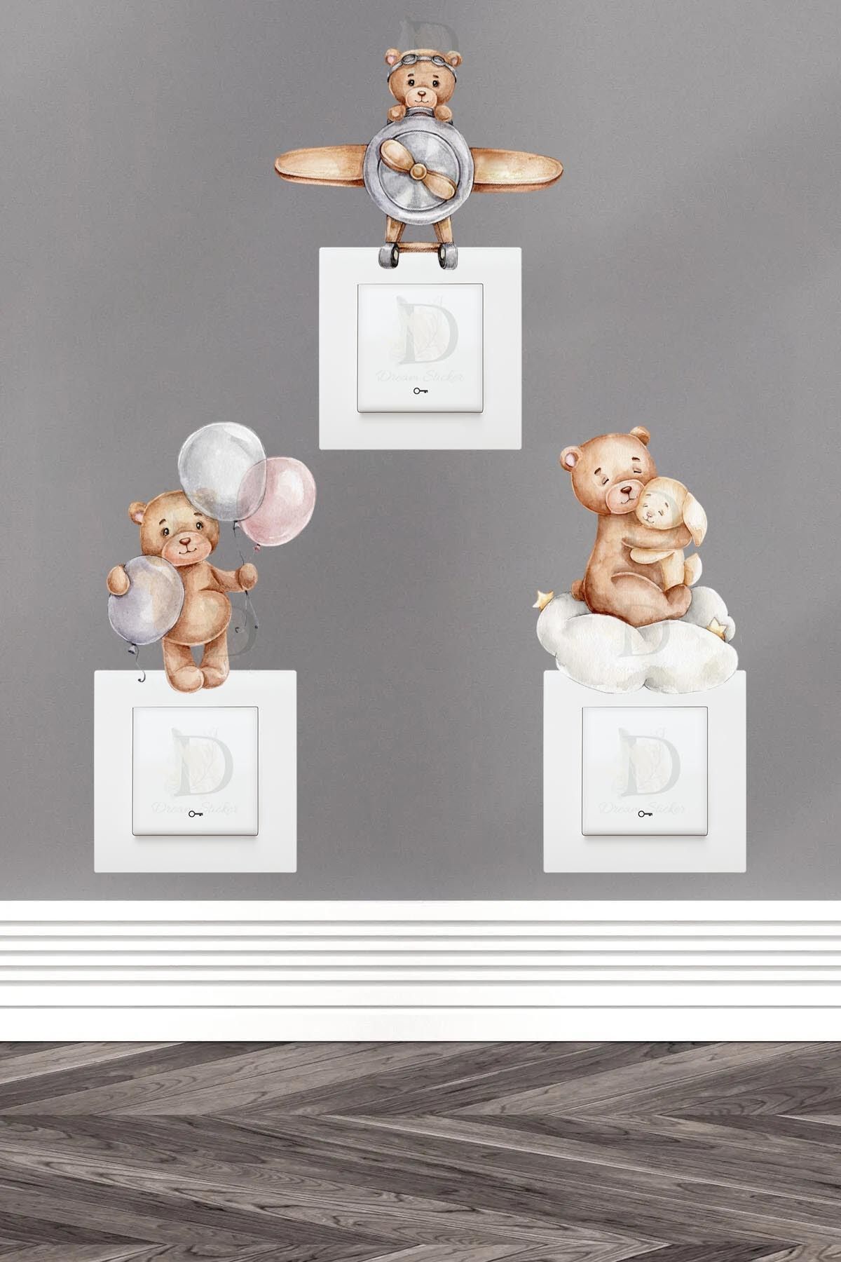 KT Decor Pastel Renk Ayıcıklar 3'lü Priz Sticker Seti
