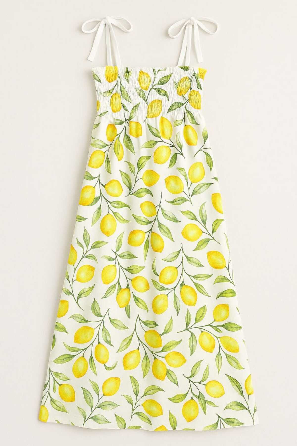 Modabenna-Lemon Pattern Yellow Rope Strap Long Summer Dress with Chest Part Gipeli Midi Cotton Linen Comfortable Loose Woven 2