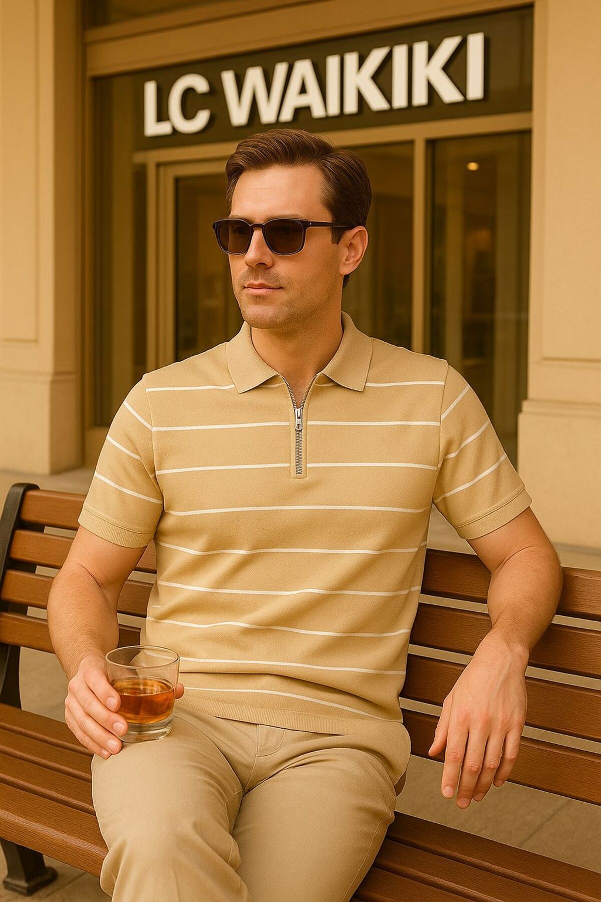 LC Waikiki Slim Fit Erkek Fermuarlı Çizgili Polo Yaka Triko Tişört / T-shirt Yeni Sezon Ürün