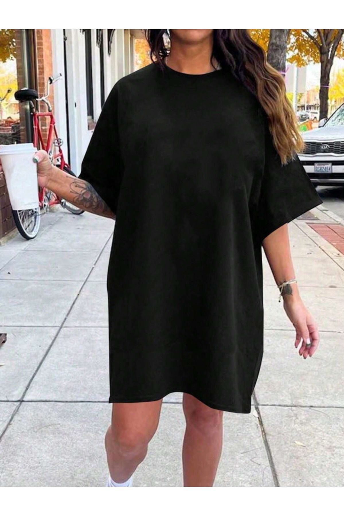 JAMPY Kadın Düz Renkli Uzun Basic Elbise Özel Baskılı Oversize Pamuklu T-Shirt Tişört