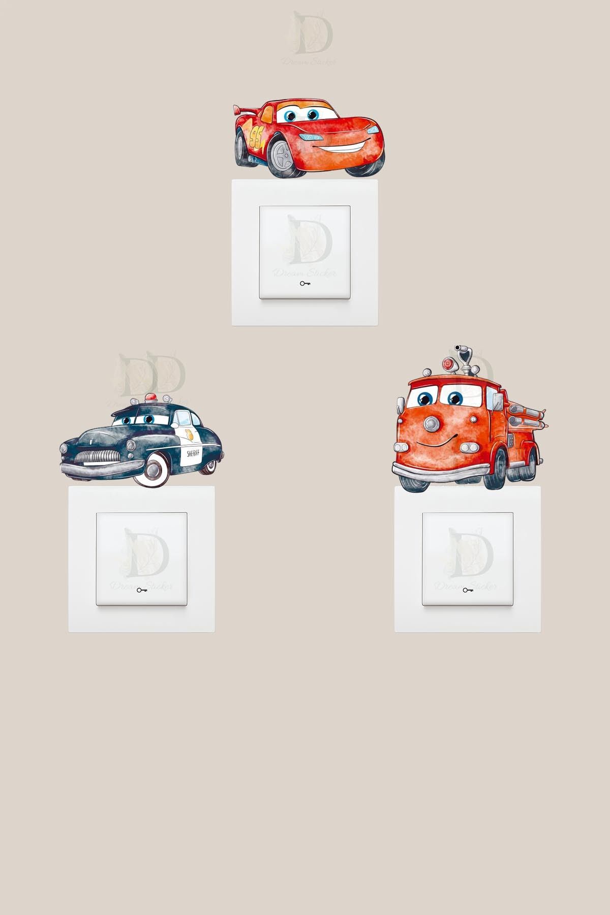 KT Decor Arabalar Pastel Renk 3'lü Priz Sticker Seti