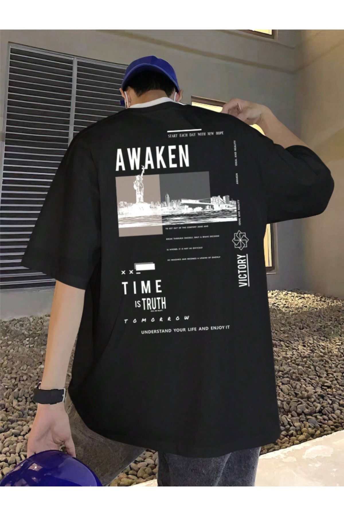 JAMPY Unisex Erkek/Kadın AWAKEN Özel Baskılı Oversize Pamuklu T-Shirt Tişört