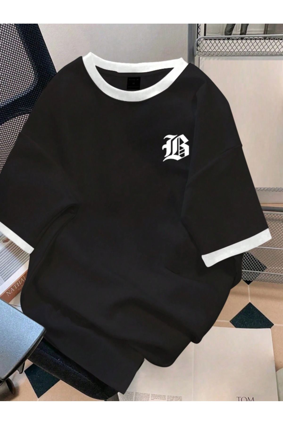 JAMPY Unisex Erkek/Kadın Siyah Beyaz Yaka Beyaz B Özel Baskılı Oversize Pamuklu T-Shirt