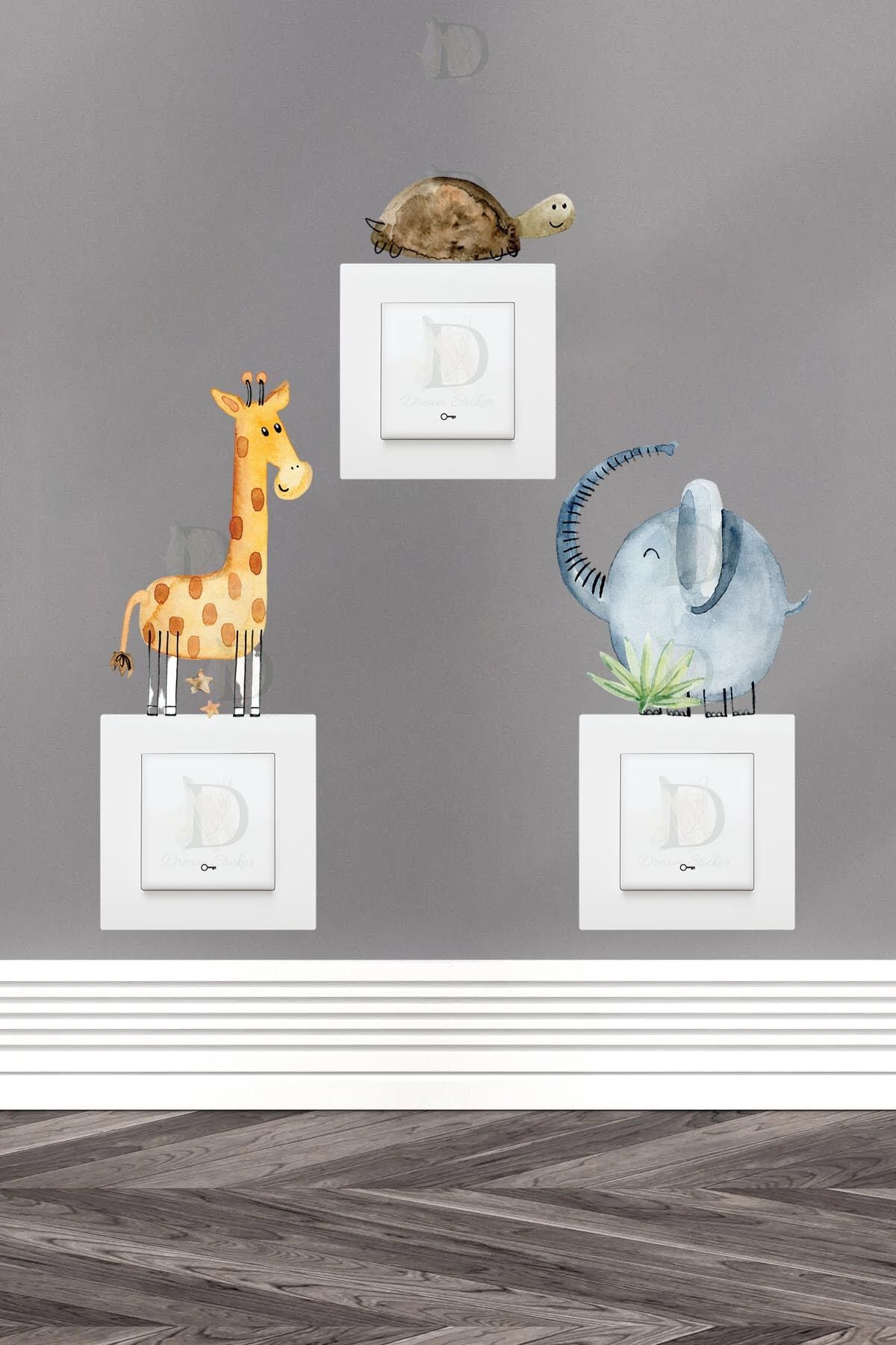 KT Decor Sevimli Hayvanlar Zürafa Fil ve Kablumbağa 3'lü Priz Sticker Seti