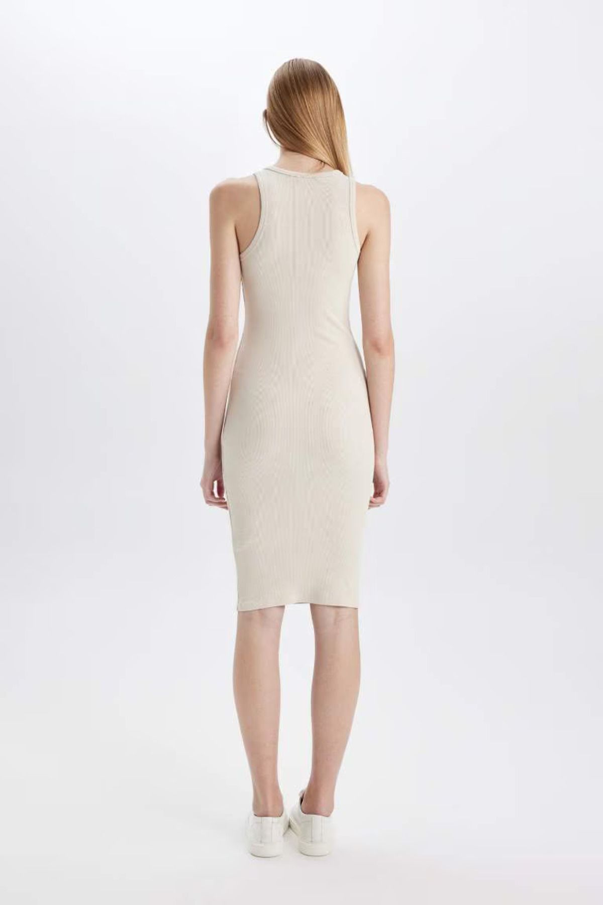 DeFacto Bodycon Halter Yaka Fitilli Kaşkorse Basic Düz Kolsuz Midi Elbise