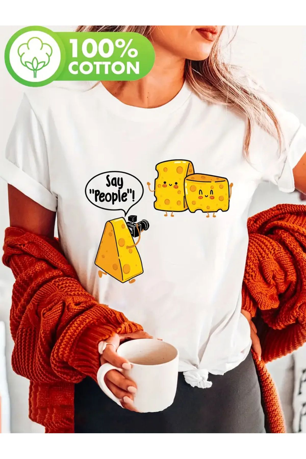 LUNAVISTA Peynir Baskılı Bisiklet Yaka Kısa Kol T-shirt