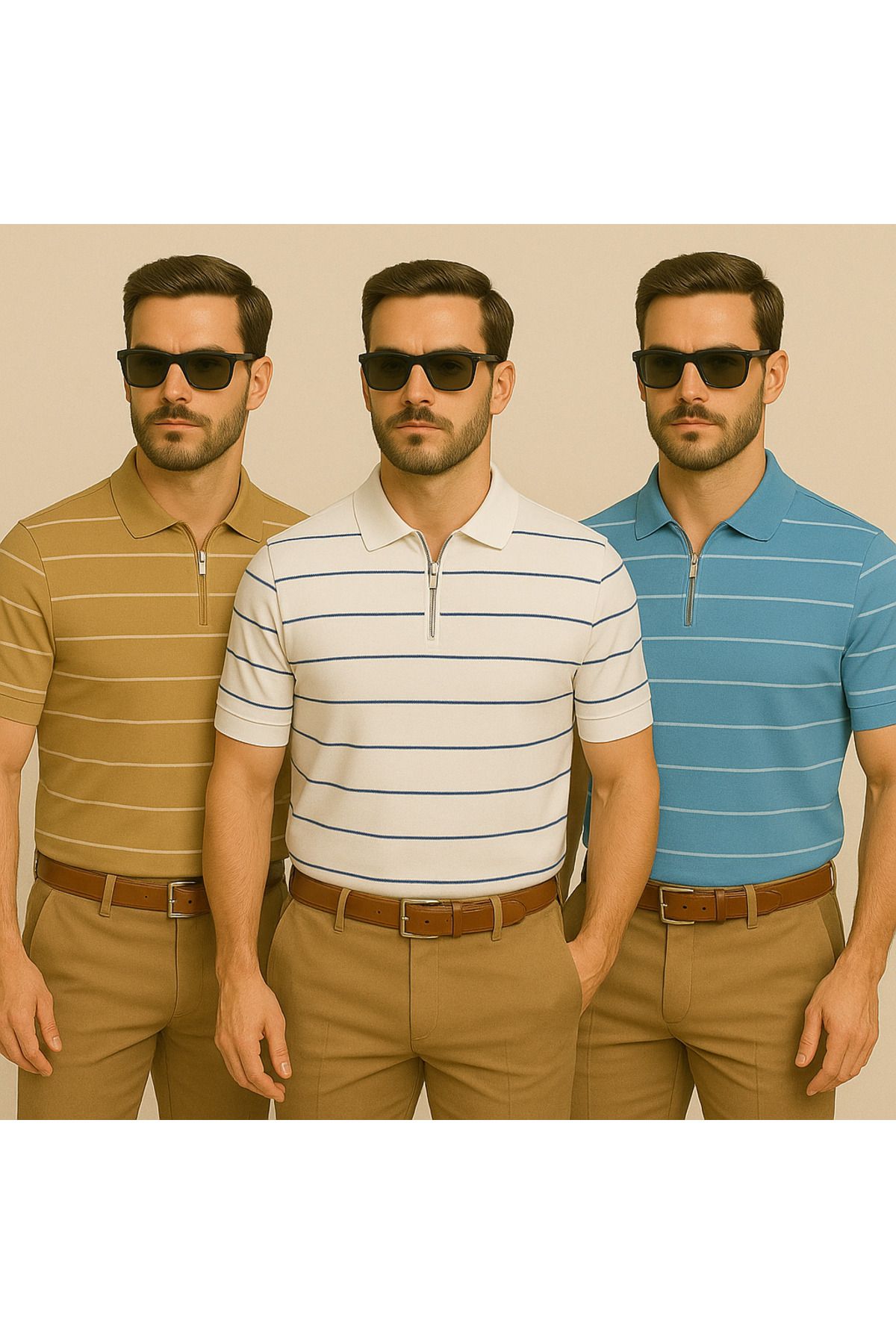 LC Waikiki Yarım Fermuar Triko Yatay Çizgi Desenli Erkek Polo Yaka T-Shirt 3'lü Paket