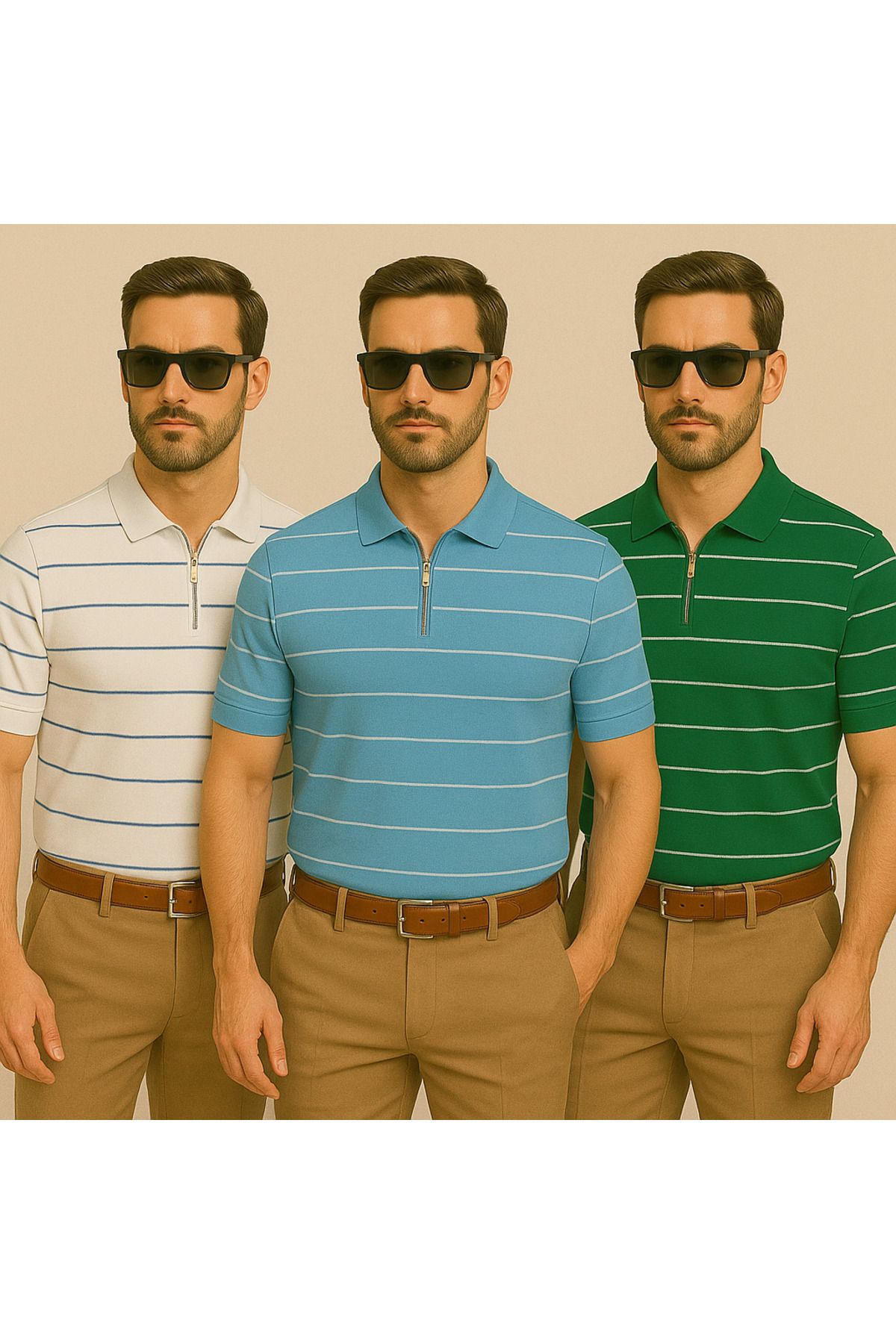 LC Waikiki Yarım Fermuar Triko Yatay Çizgi Desenli Erkek Polo Yaka T-Shirt 3'lü Paket
