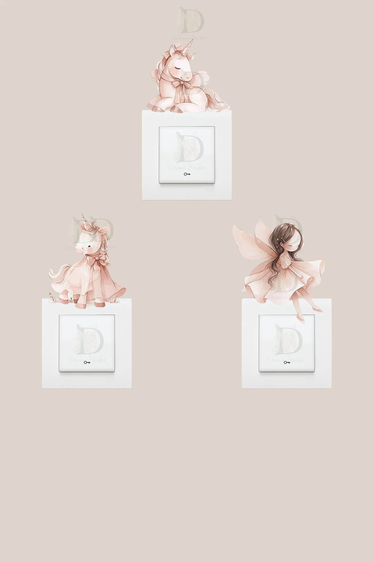 KT Decor Sevimli Unicornlar ve Minik Peri Soft Renk 3'lü Priz Sticker Seti