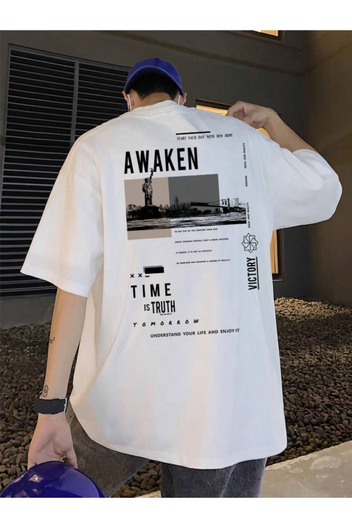 JAMPY Unisex Erkek/Kadın AWAKEN Özel Baskılı Oversize Pamuklu T-Shirt Tişört