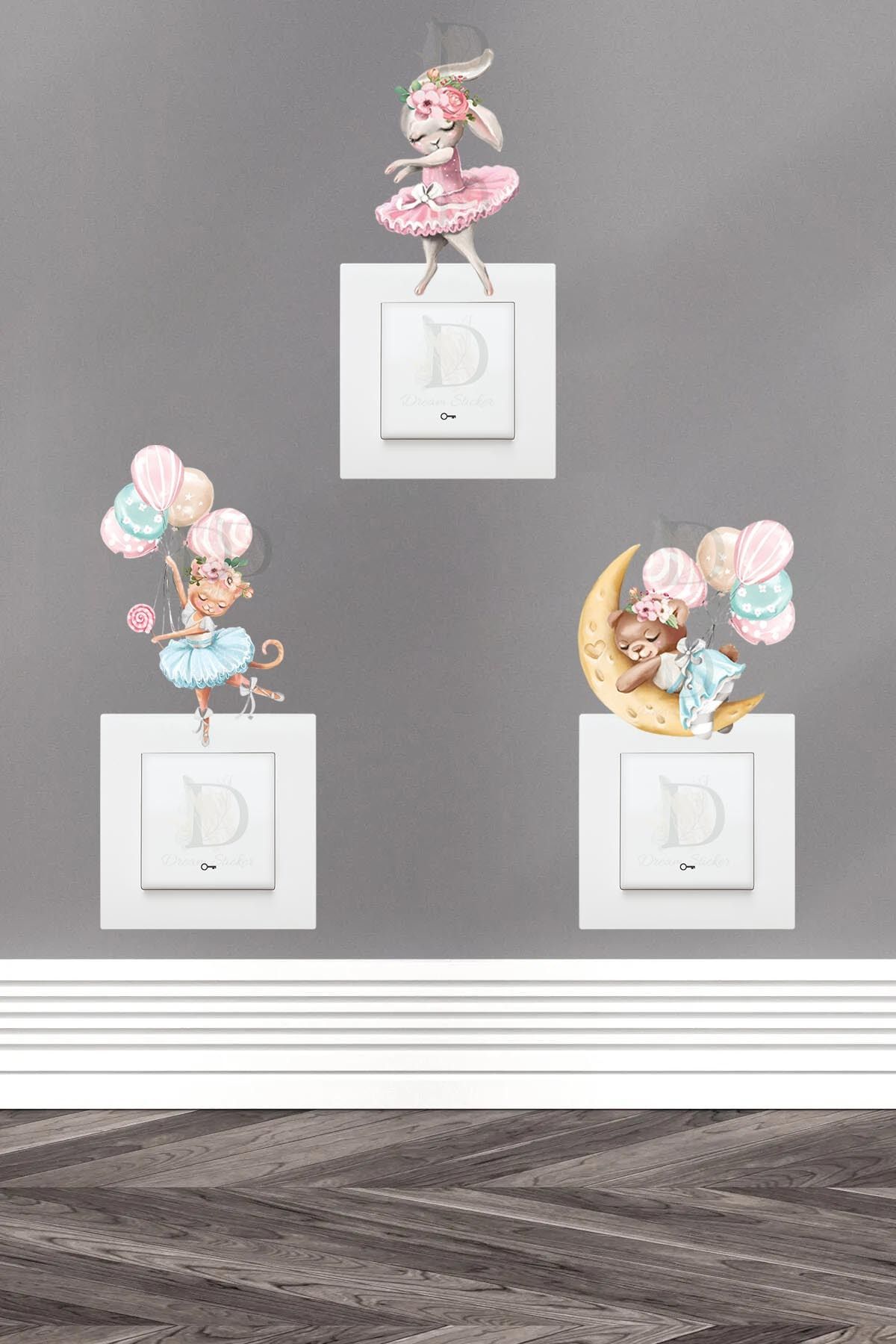 KT Decor Balerin Tavşancıklar 3'lü Priz Sticker Seti