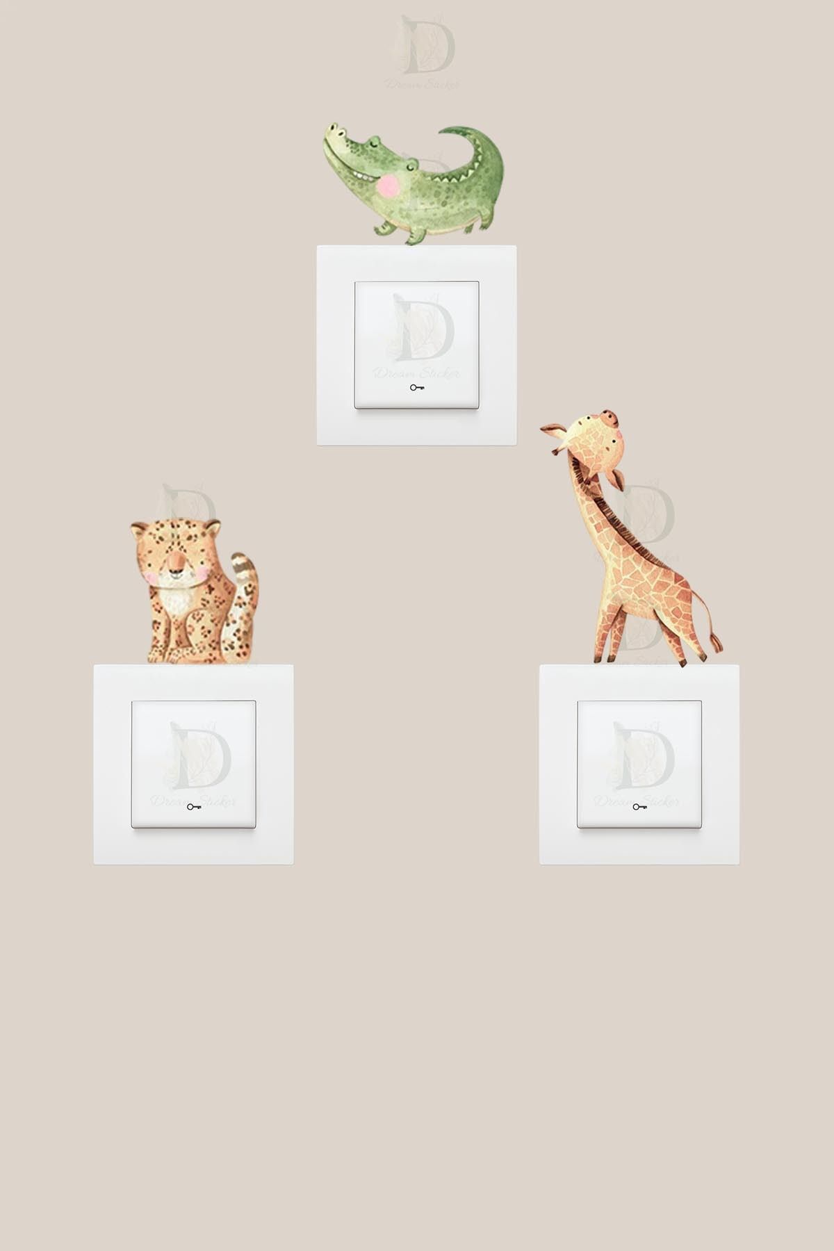 KT Decor Safari Dünyası Yavru Hayvanlar 3'lü Priz Sticker Seti