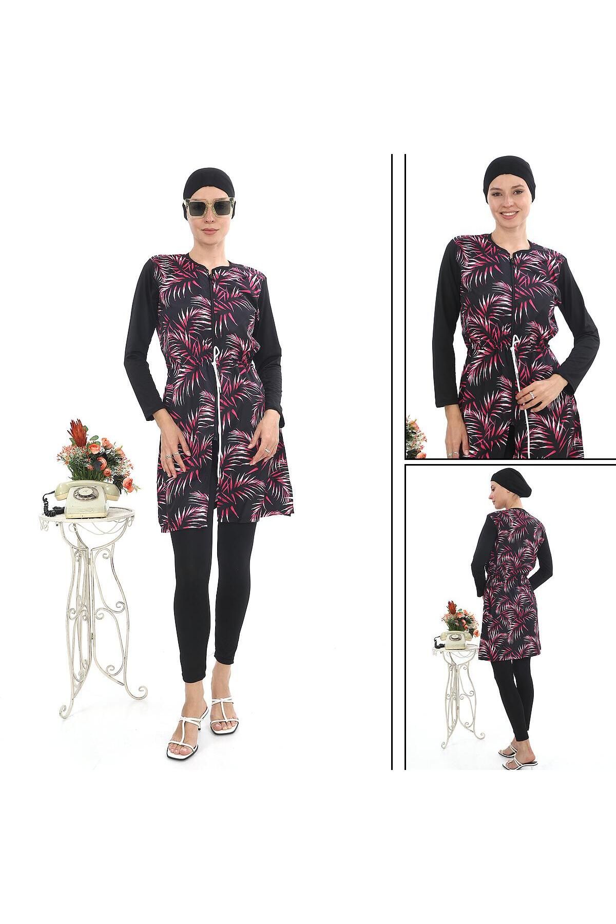 EB beachwear PEMBE YAPRAK DESENLİ SU İTİCİ PARAŞÜT KUMAŞ TESETTÜR MAYO