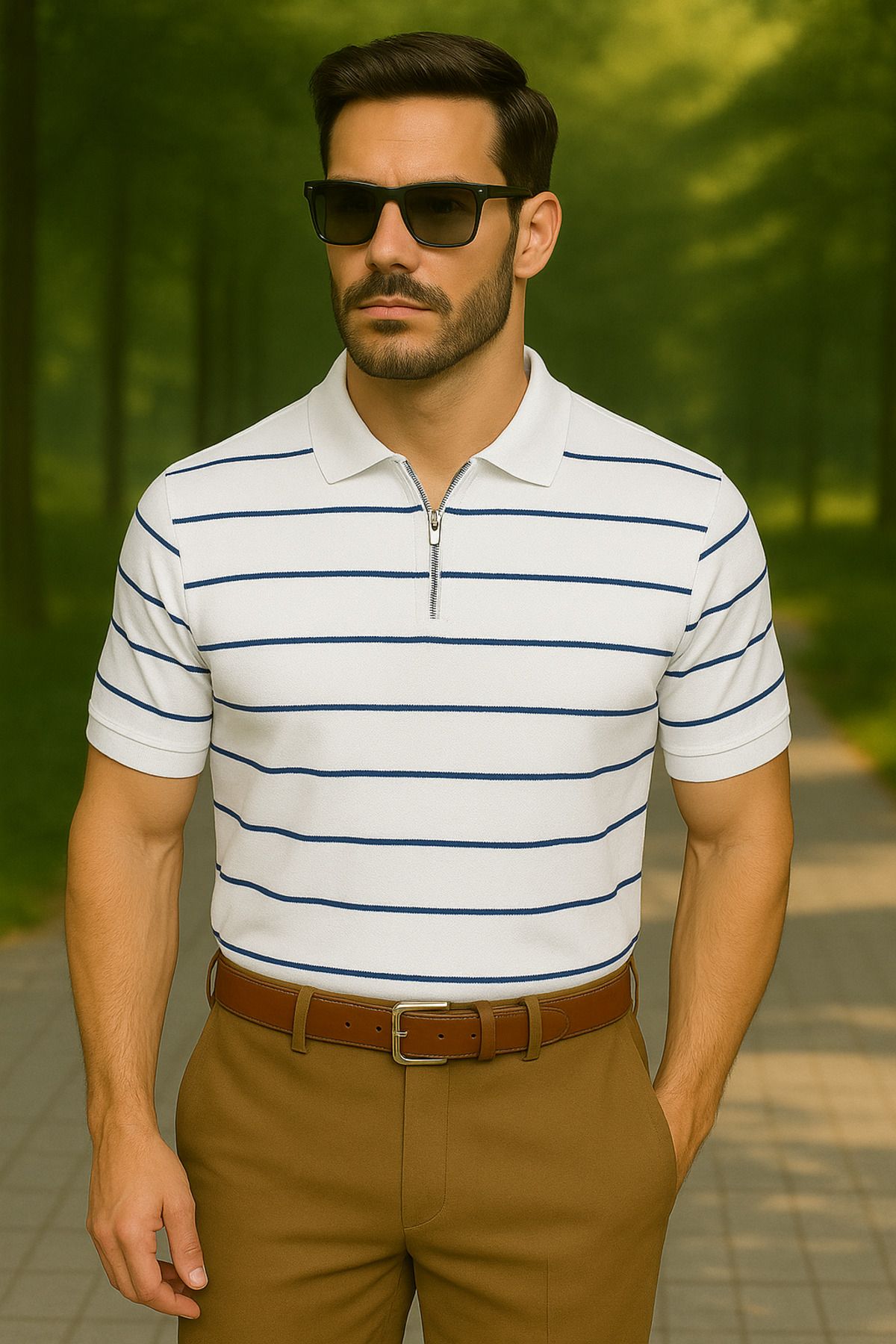 LC Waikiki Yarım Fermuar Triko Yatay Çizgi Desenli Erkek Polo Yaka T-Shirt