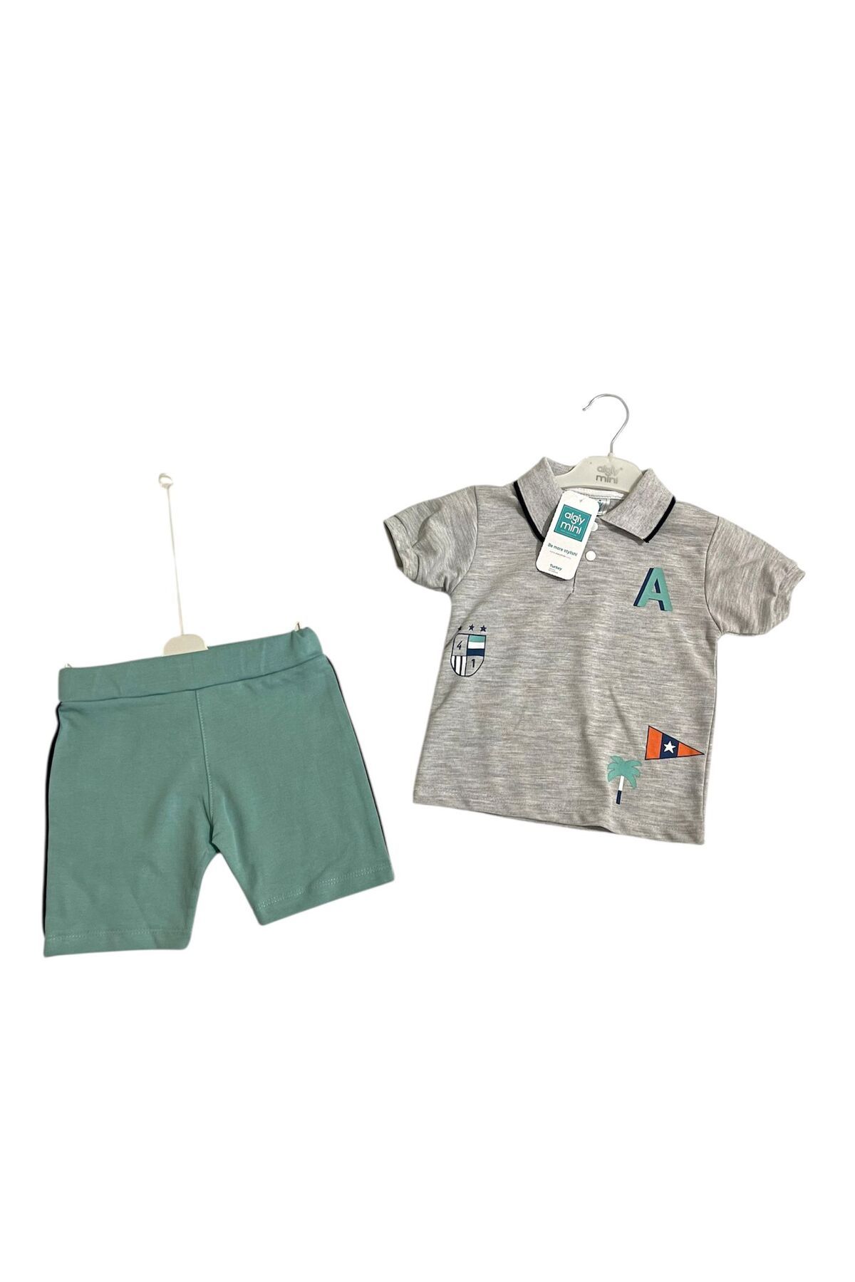 algiy mini baby ERKEK BEBEK POLO YAKA BASKILI TİŞÖRT VE PAMUKLU ŞORT 2Lİ TAKIM
