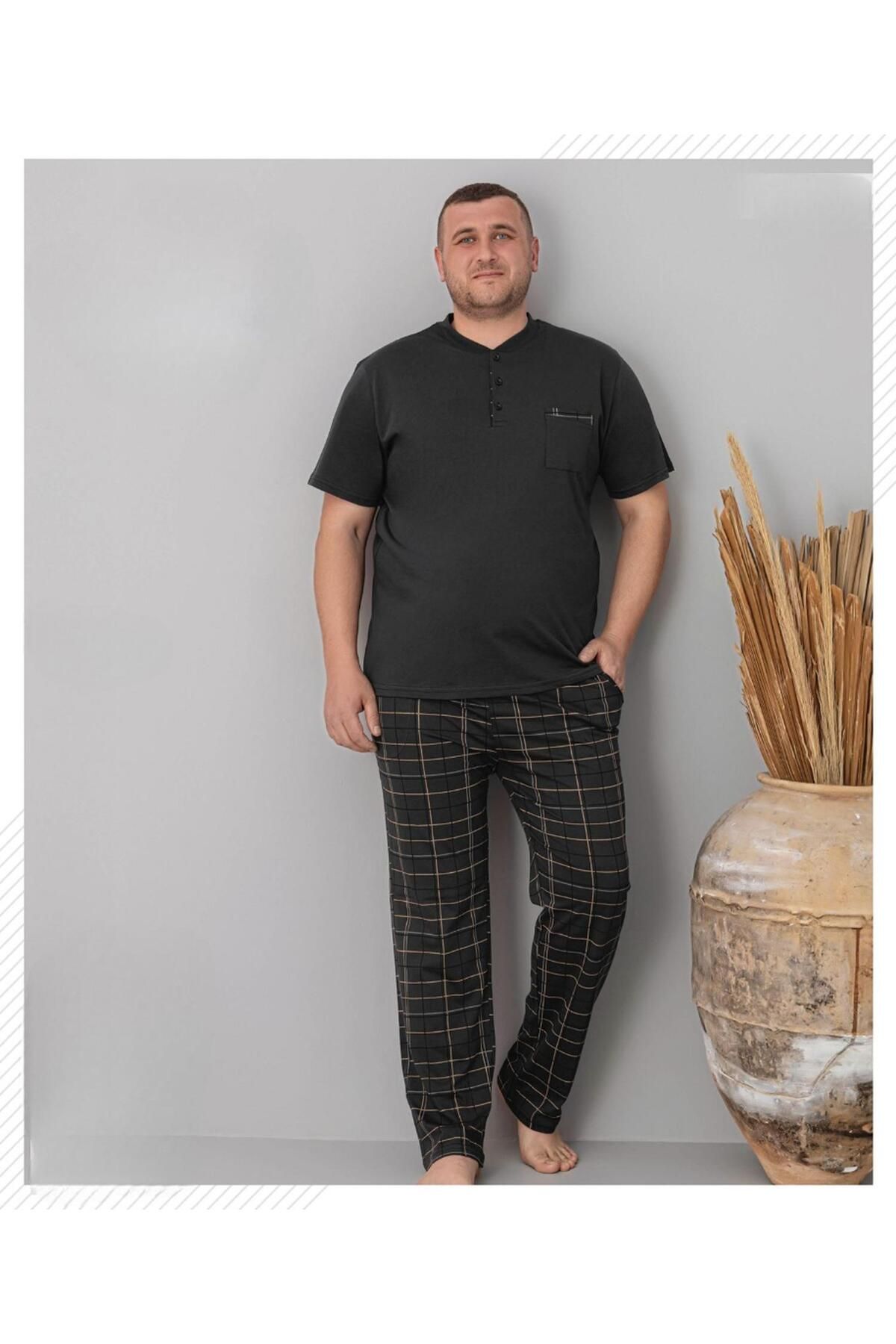 Pijamoni Erkek Battal Düğme Yaka Penye Kısa Kol Pijama Takımı 6730/4 - 1 Adet