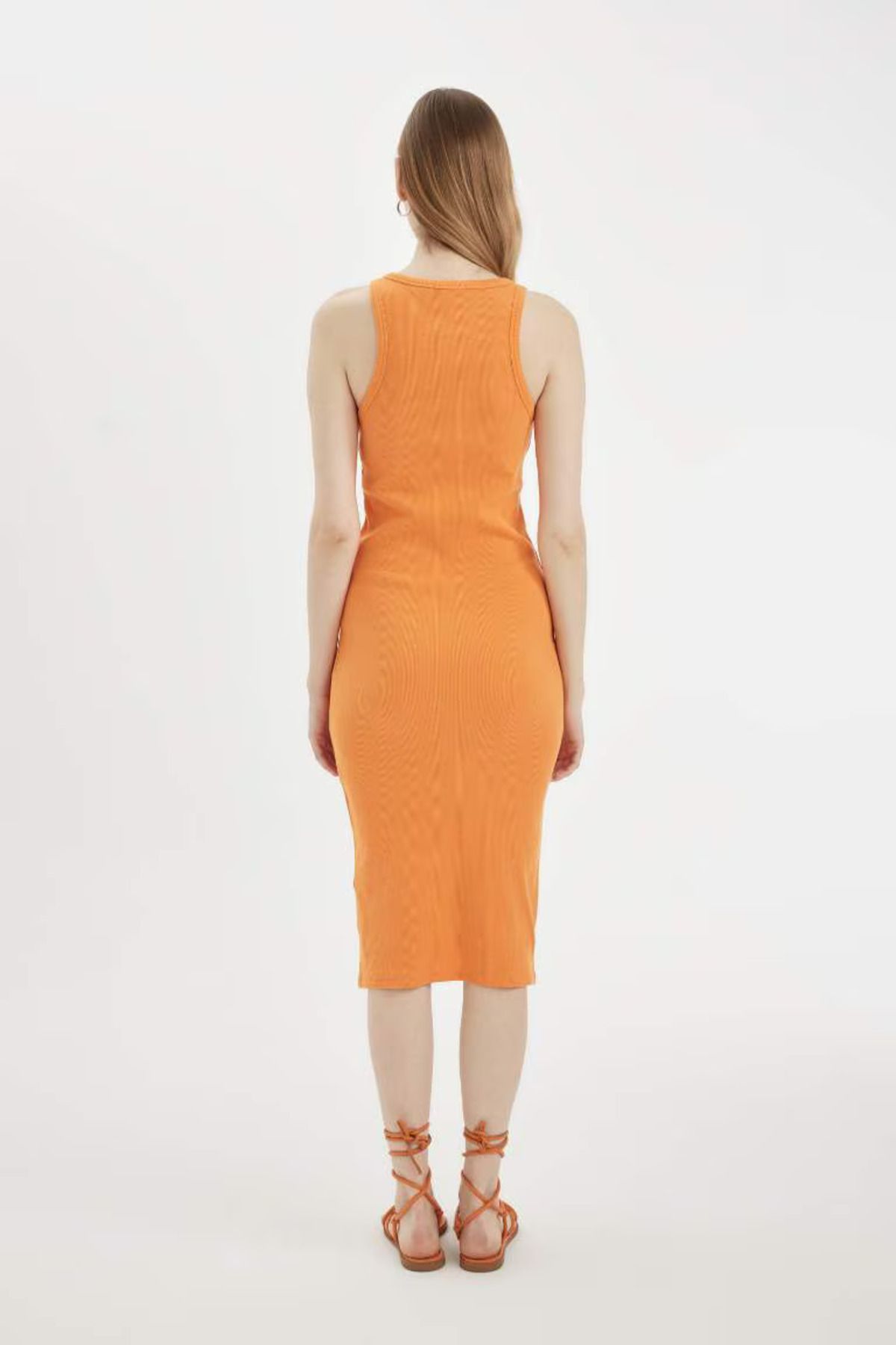 DeFacto Bodycon Halter Yaka Fitilli Kaşkorse Basic Düz Kolsuz Midi Elbise