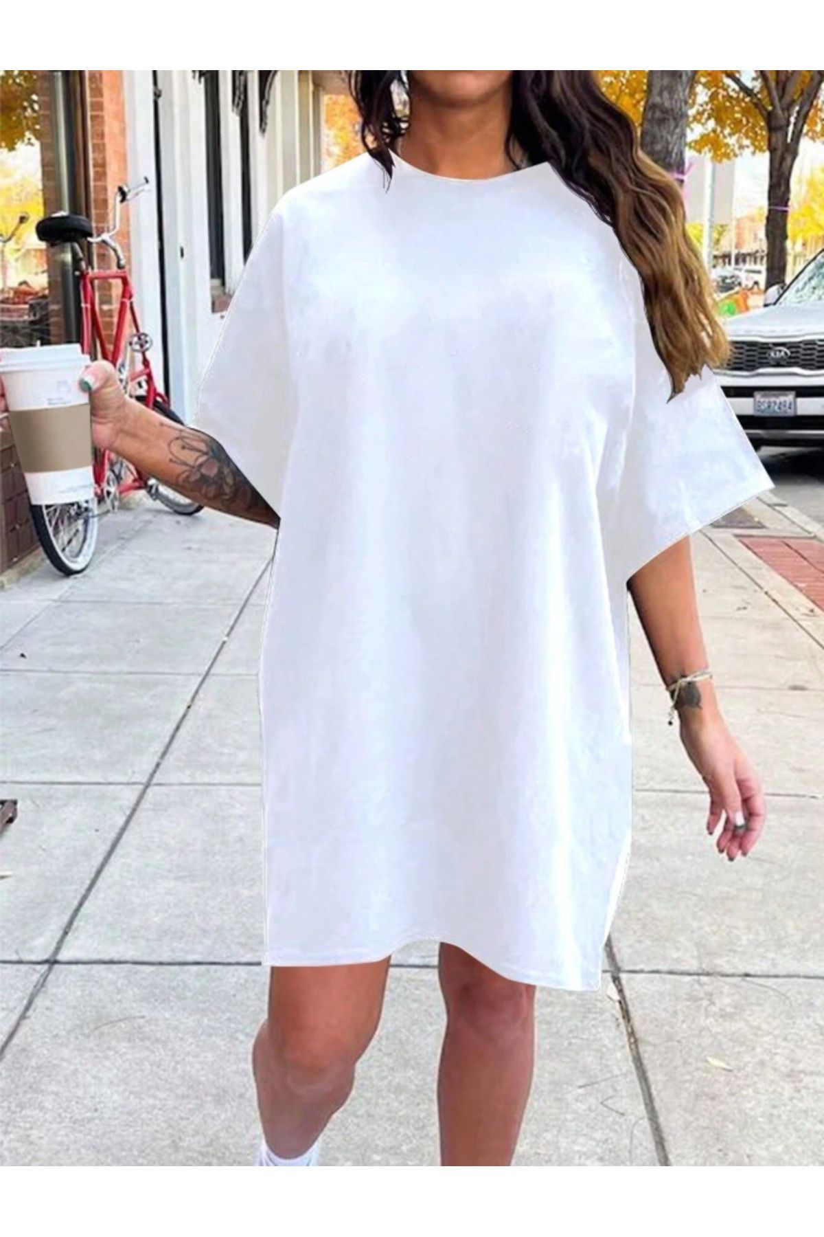 JAMPY Kadın Düz Renkli Uzun Basic Elbise Özel Baskılı Oversize Pamuklu T-Shirt Tişört
