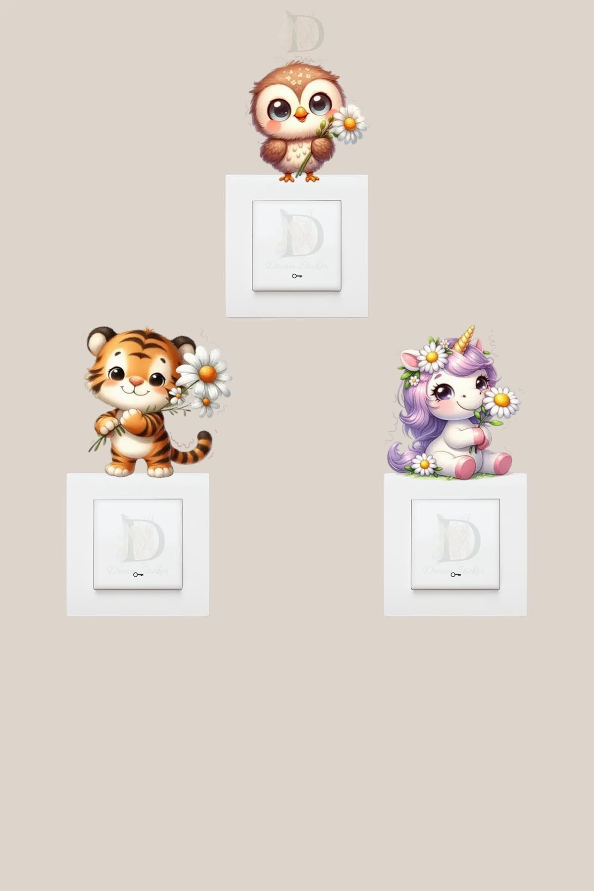 KT Decor Papatyalı Sevimli Hayvanlar 3'lü Priz Sticker Seti