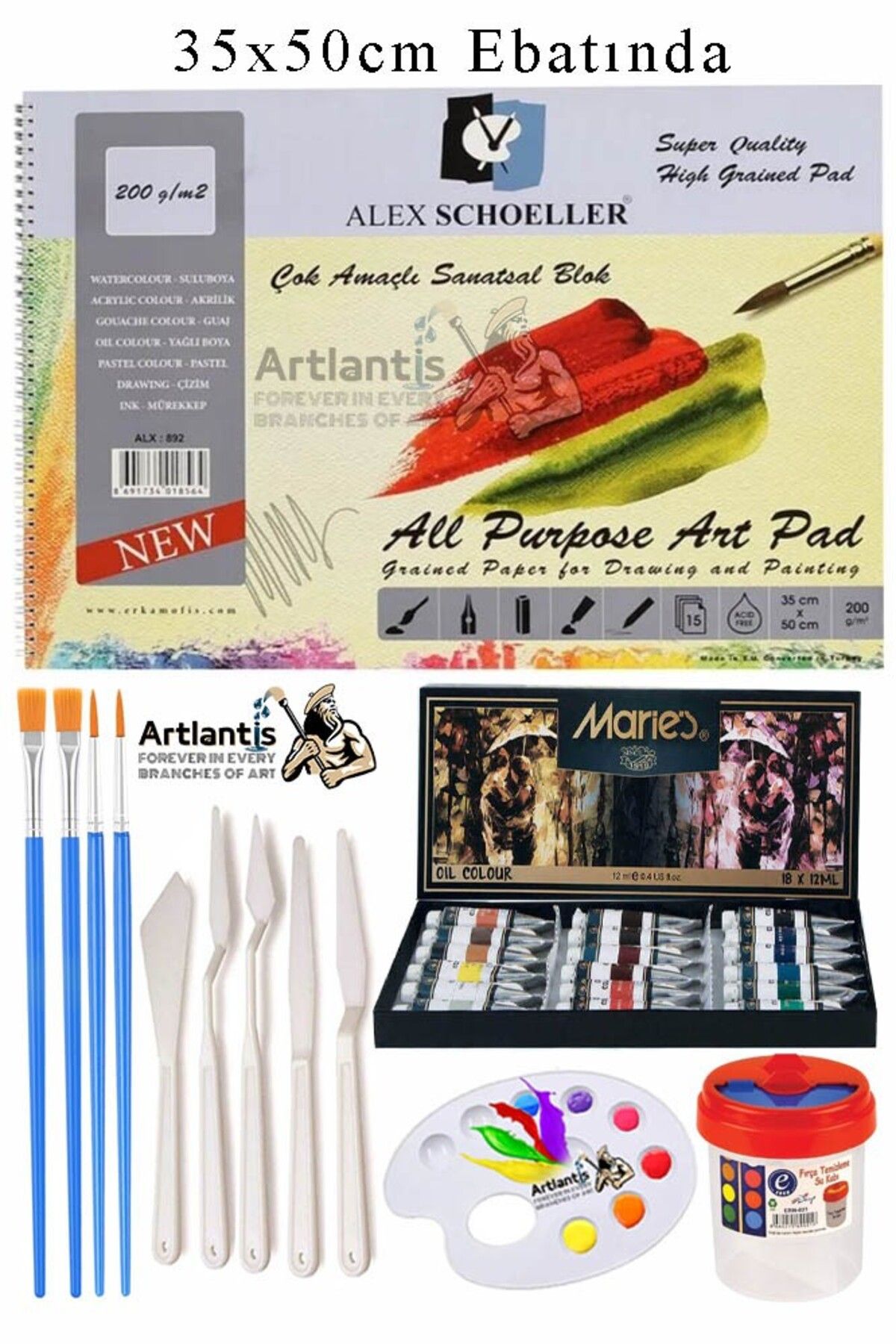 Artlantis Alex Schoeller Çok Amaçlı Sanatsal Blok 35x50 200 gr 15 Yaprak Maries 12 Renk 12 ml Yağlı Boya Plast
