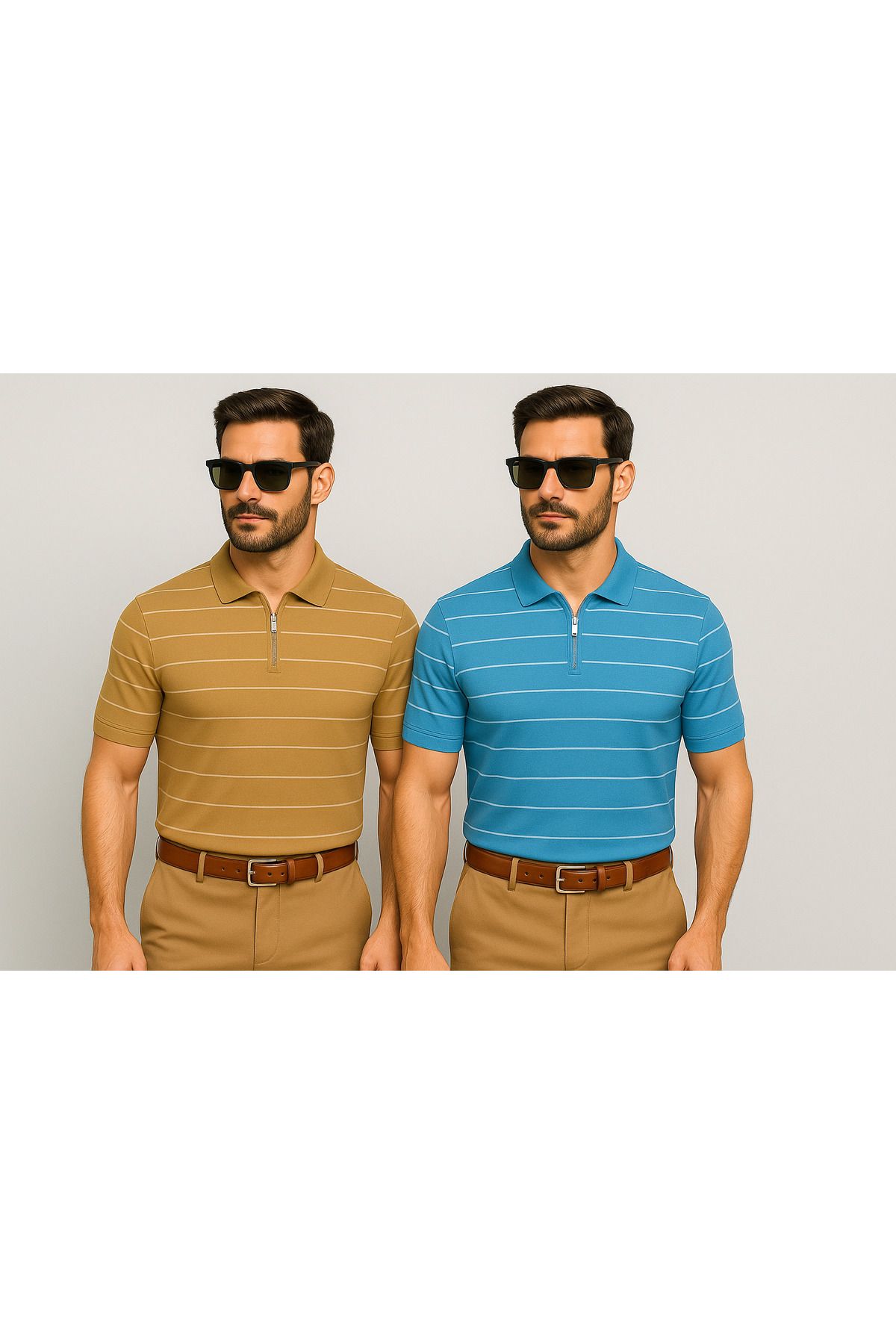 LC Waikiki Yarım Fermuar Triko Yatay Çizgi Desenli Erkek Polo Yaka T-Shirt 2'li Paket
