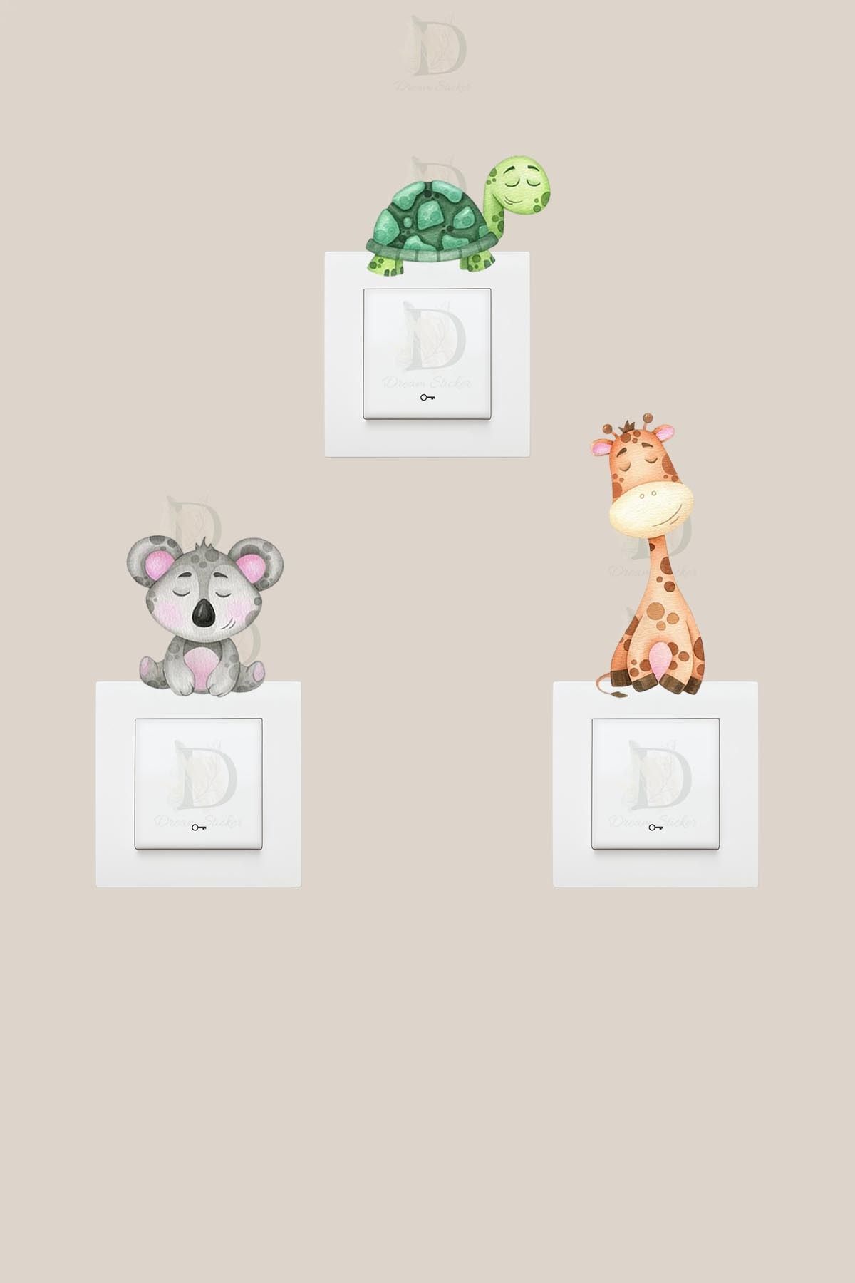 KT Decor Neşeli Safari Hayvanları Pastel Renk Çocuk Odası 3'lü Priz Sticker Seti