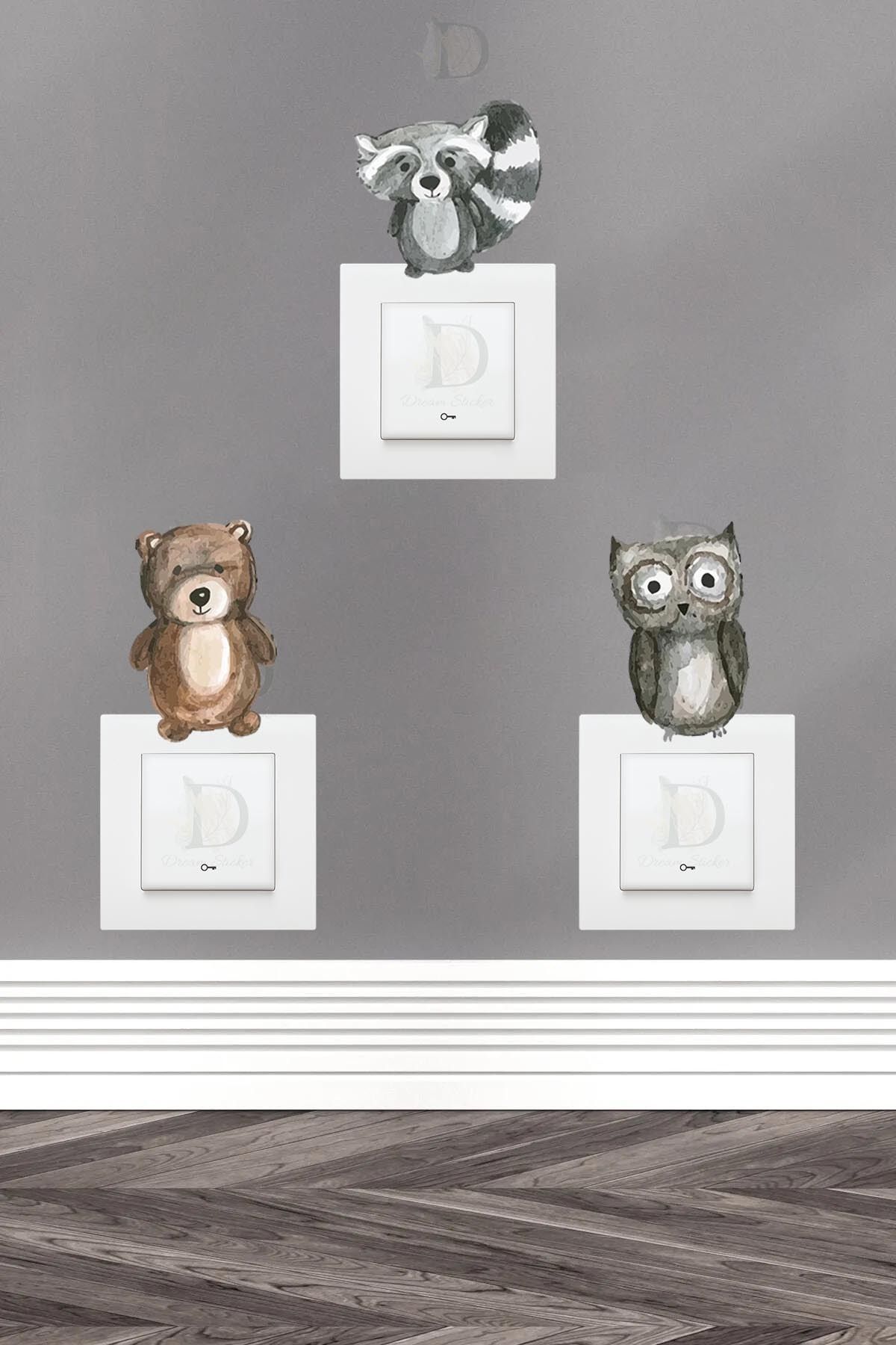 KT Decor Woodland Hayvan Dünyası Pastel Renk Çocuk Odası 3'lü Priz Sticker Seti