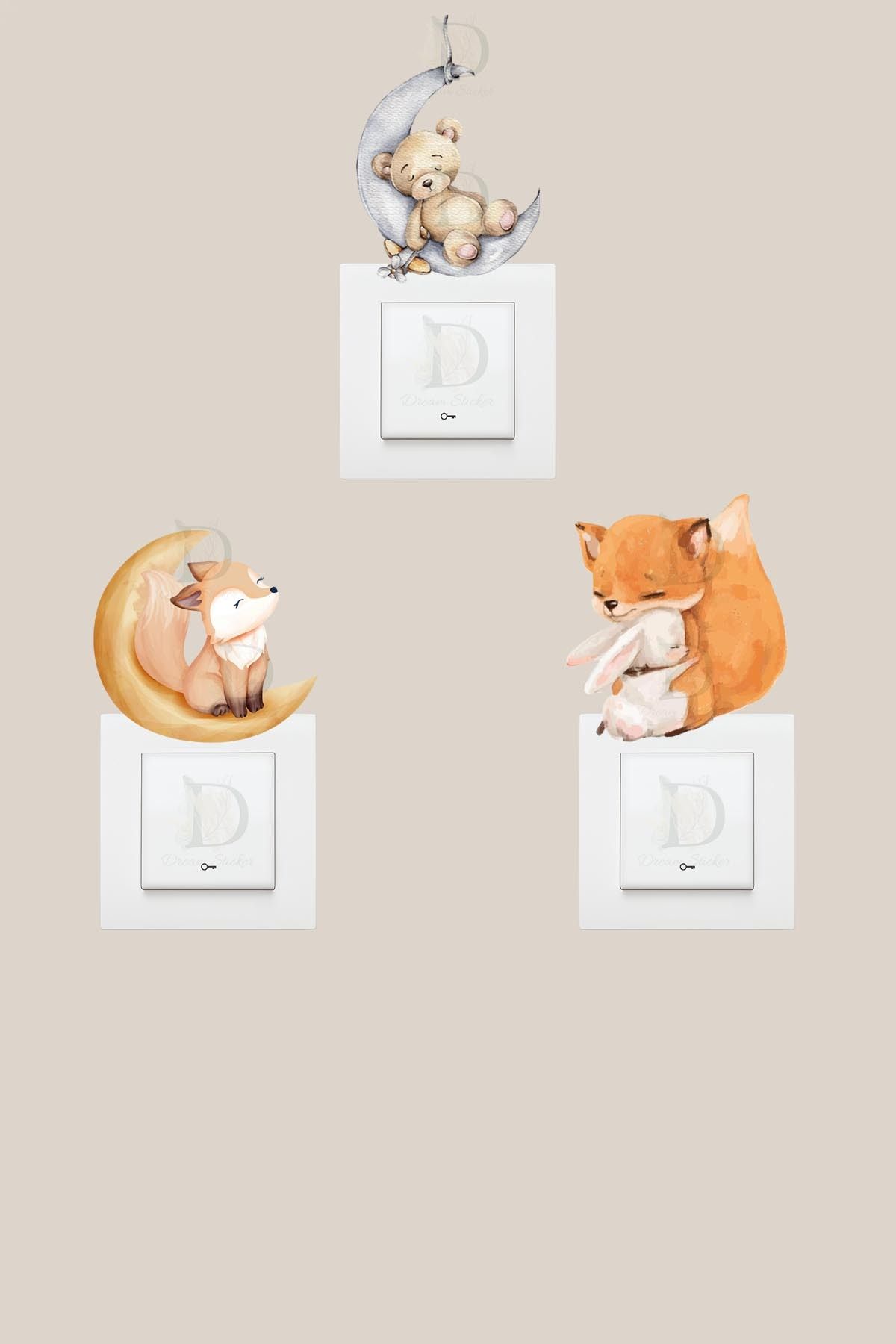 KT Decor Ayı Tilki ve Tavşan Arkadaşlar Pastel Renk 3'lü Priz Sticker Seti