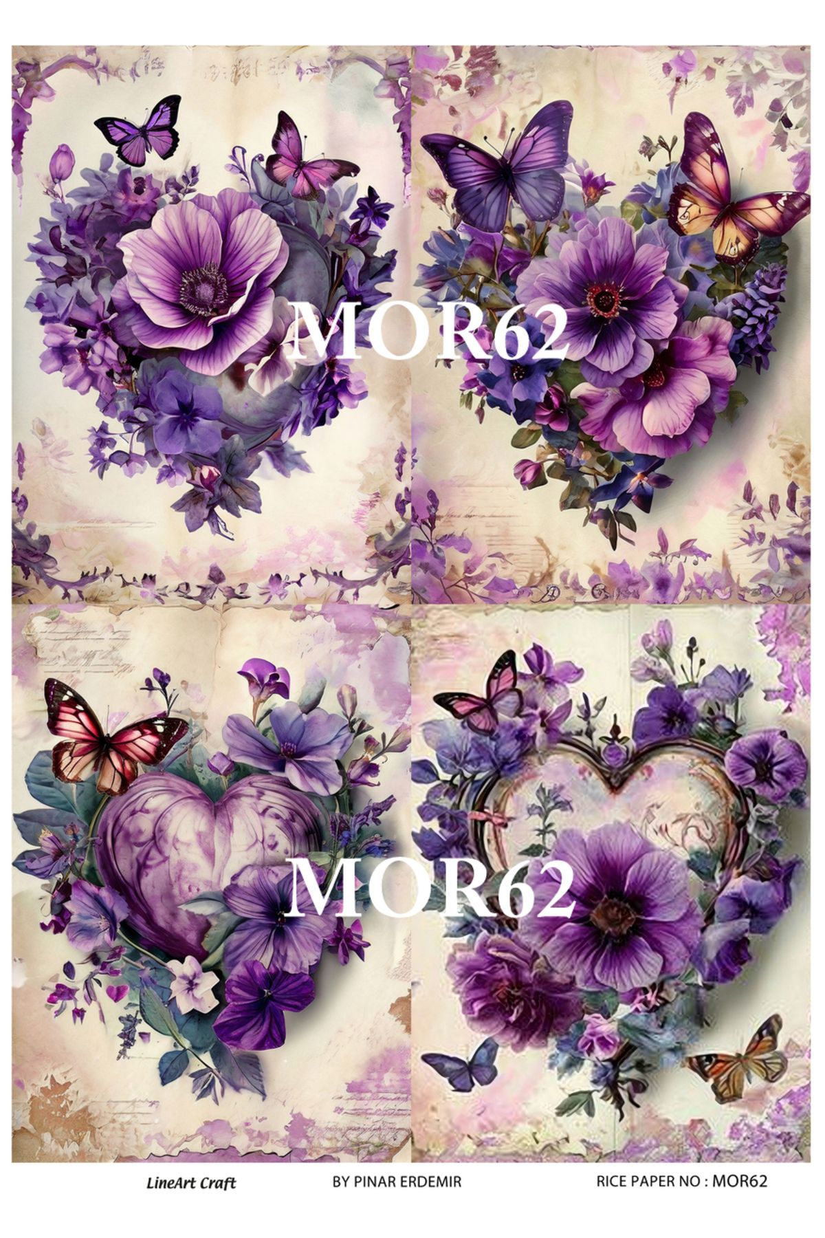 LİNEART Mor Serisi MOR62 Kalp, Kelebek, Çiçek Desenli 29*42 cm Pirinç Dekopaj