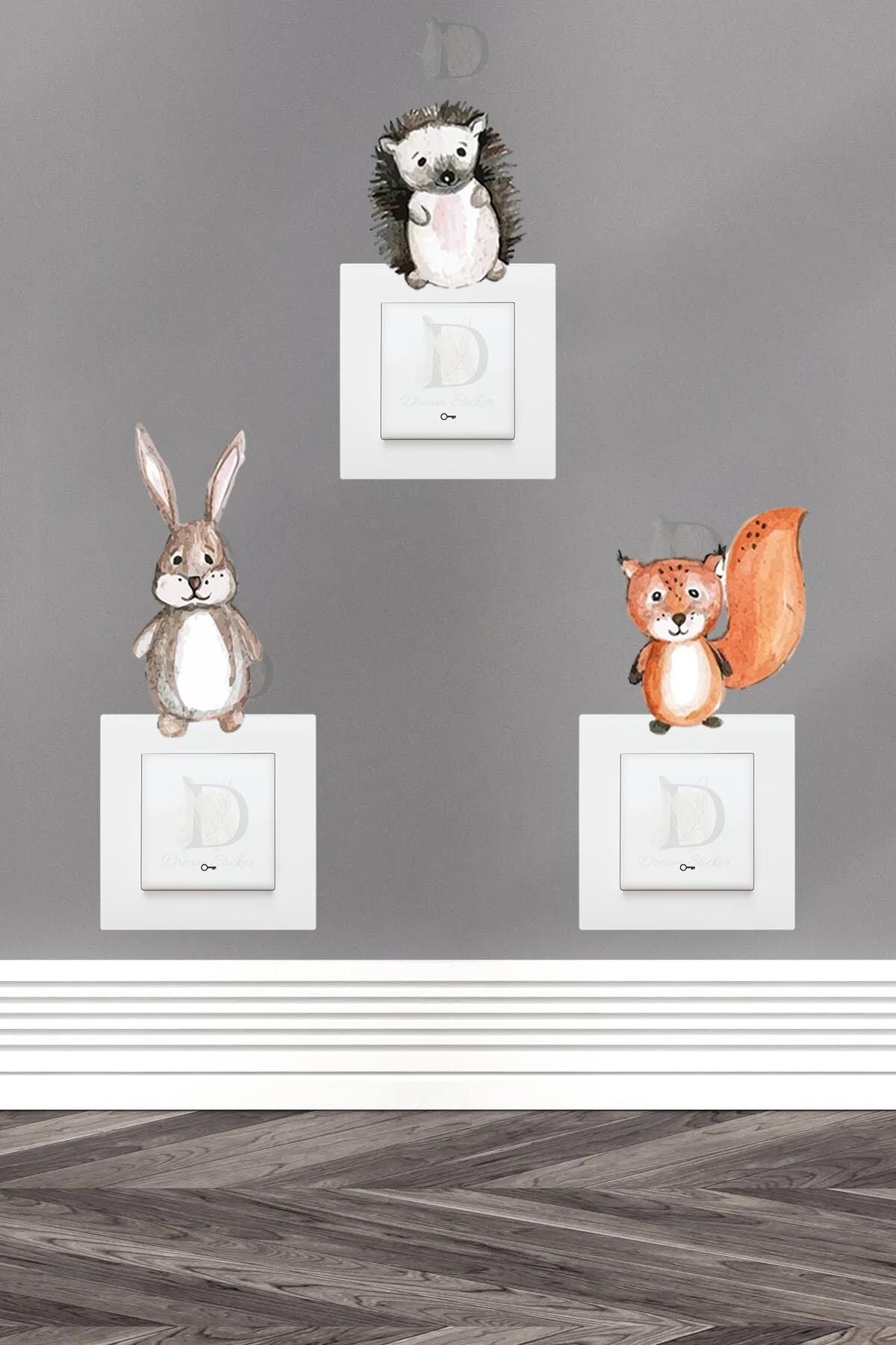 KT Decor Woodland Hayvan Dünyası Pastel Renk Çocuk Odası 3'lü Priz Sticker Seti