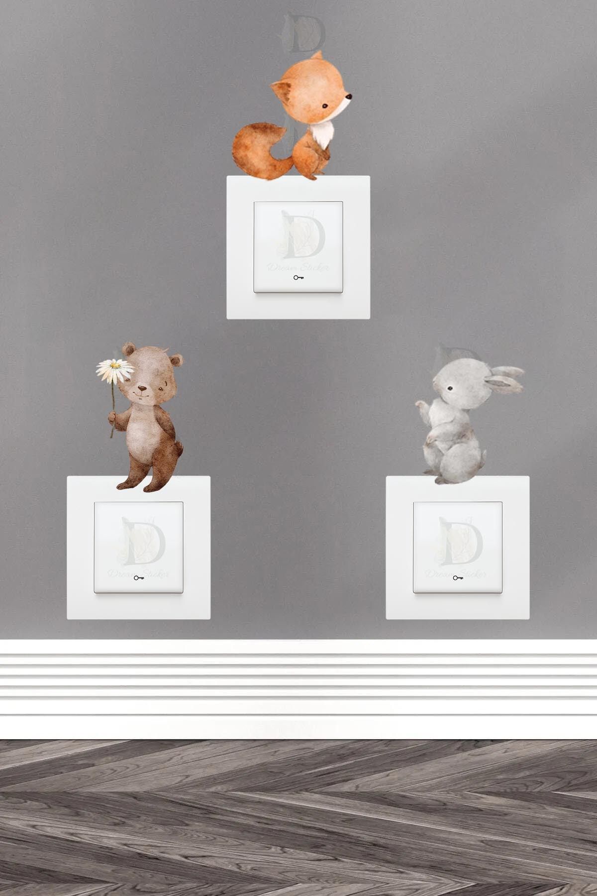 KT Decor Orman Arkadaşları Tilki Ayı ve Tavşan Çocuk Odası 3'lü Priz Sticker Seti