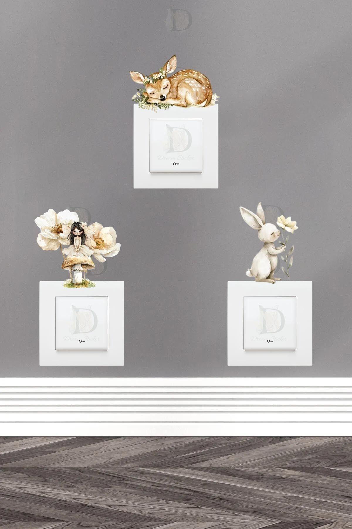 KT Decor Peri Masalı Ceylan Tavşan ve Minik Kız 3'lü Priz Sticker Seti