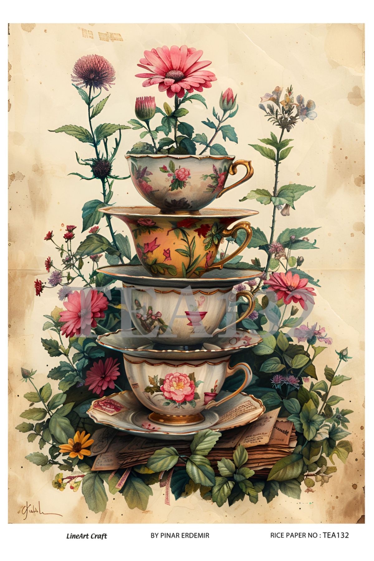 LİNEART Çay Partisi Serisi TEA132 Çiçek, Fincan Desenli 29*42 cm Pirinç Dekopaj
