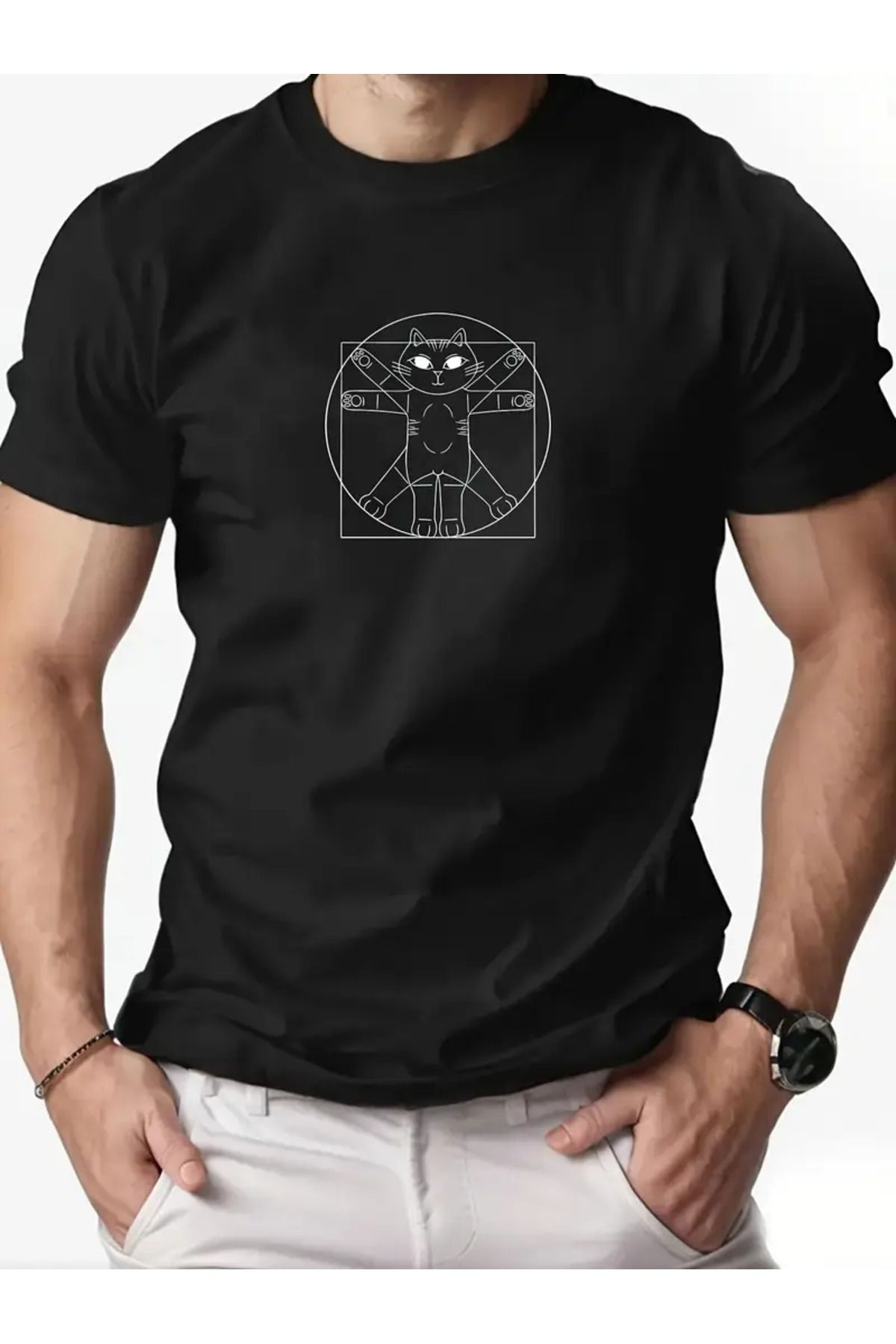 LUNAVISTA Hologram Cat Baskılı Bisiklet Yaka Kısa Kol T-shirt