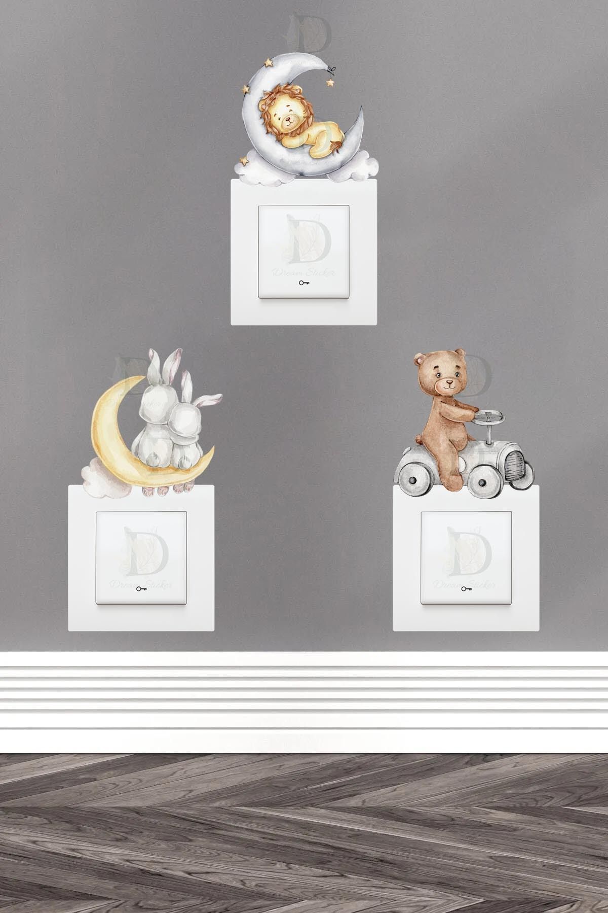 KT Decor Aslan Ayıcık ve Tavşanlar Pastel Renk 3'lü Priz Sticker Seti