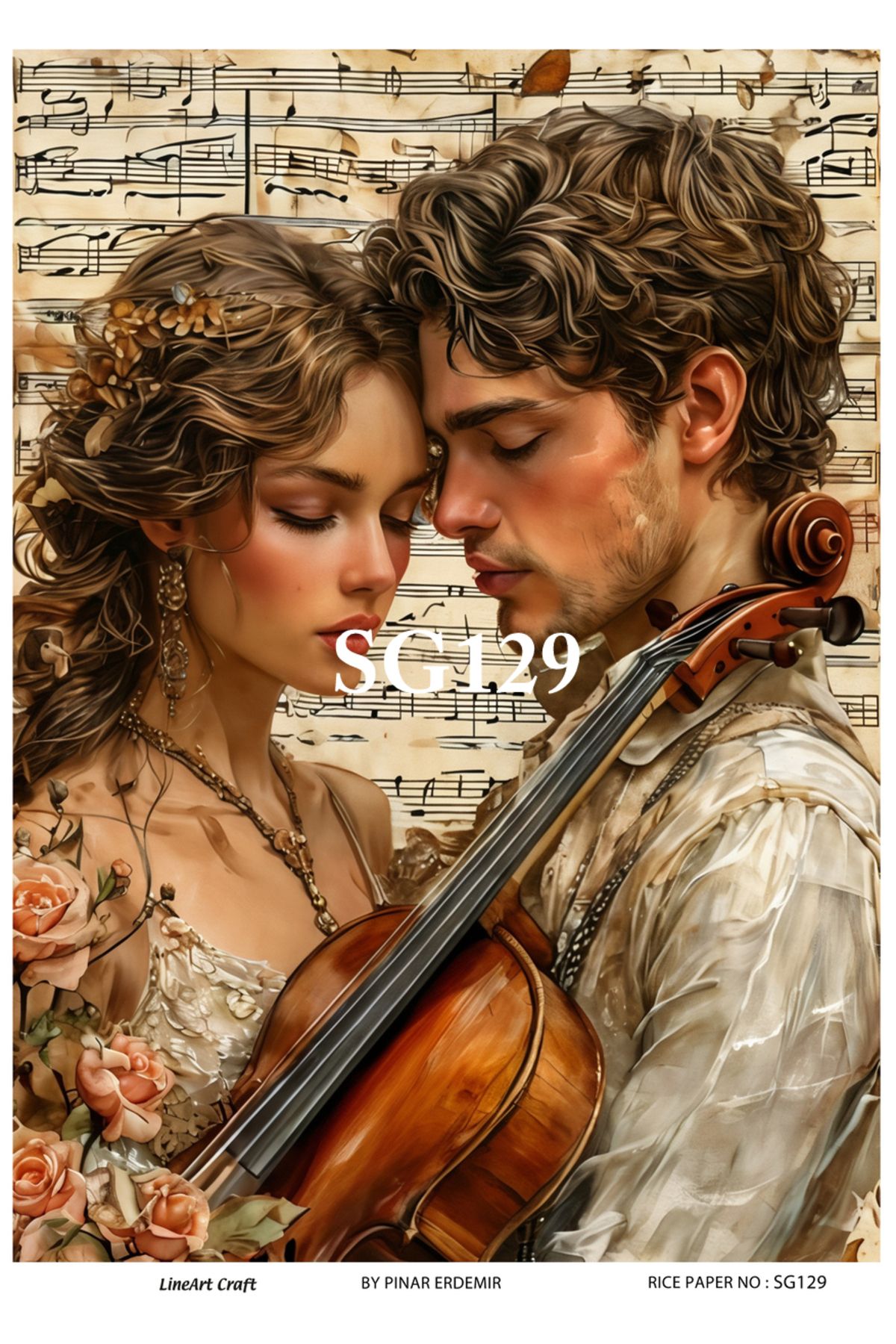 LİNEART Sevgililer Günü Serisi SG129 Sevgililer, Keman, Nota Desenli 29*42 cm Pirinç Dekopaj