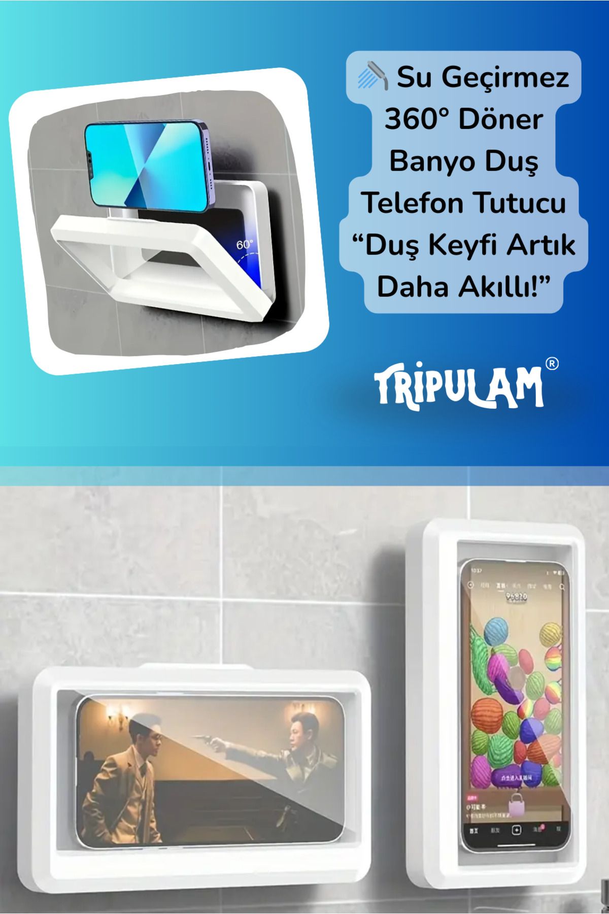 TRİPULAM Su Geçirmez 360° Döner Banyo Duş Telefon Tutucu Standı | Dokunmatik Kullanılabilir Banyo Mutfak Kabı