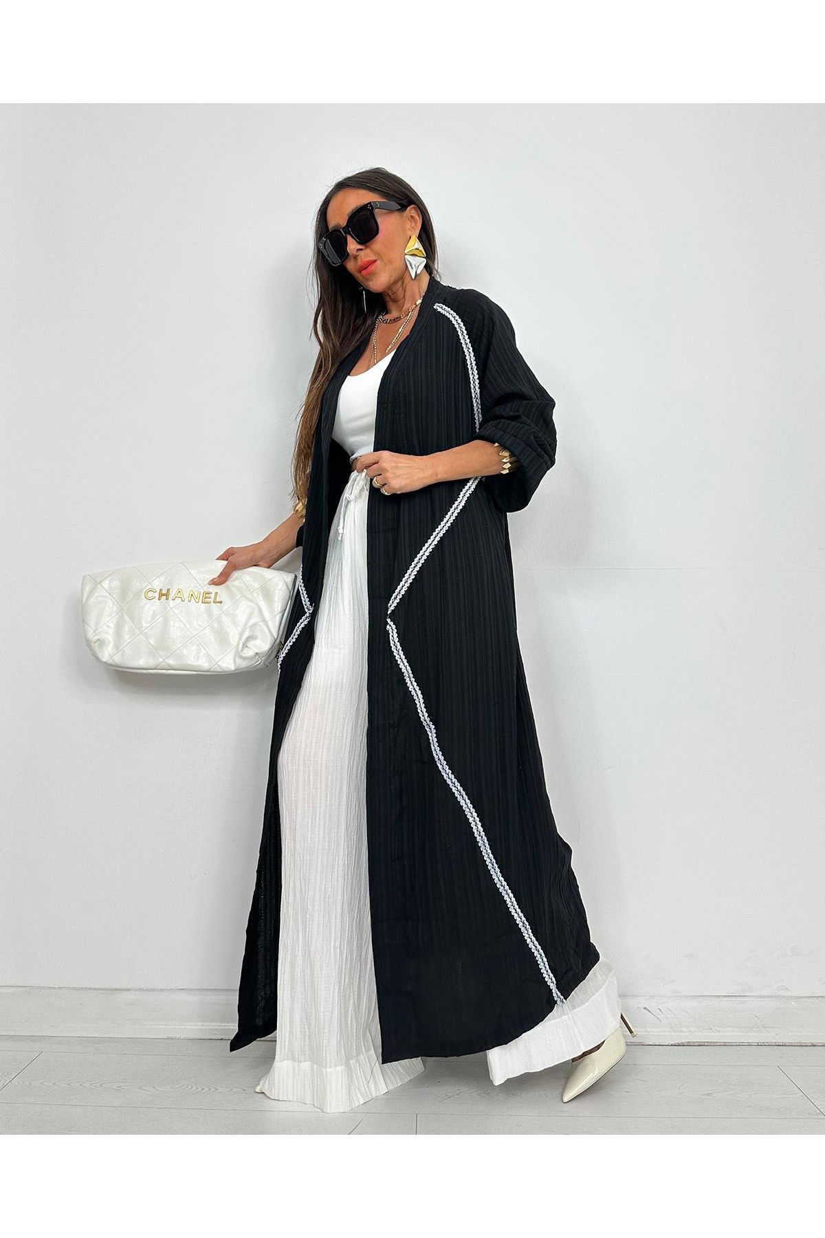 My Sista SİYAH BEYAZ ŞERİT DANTELLİ KİMONO