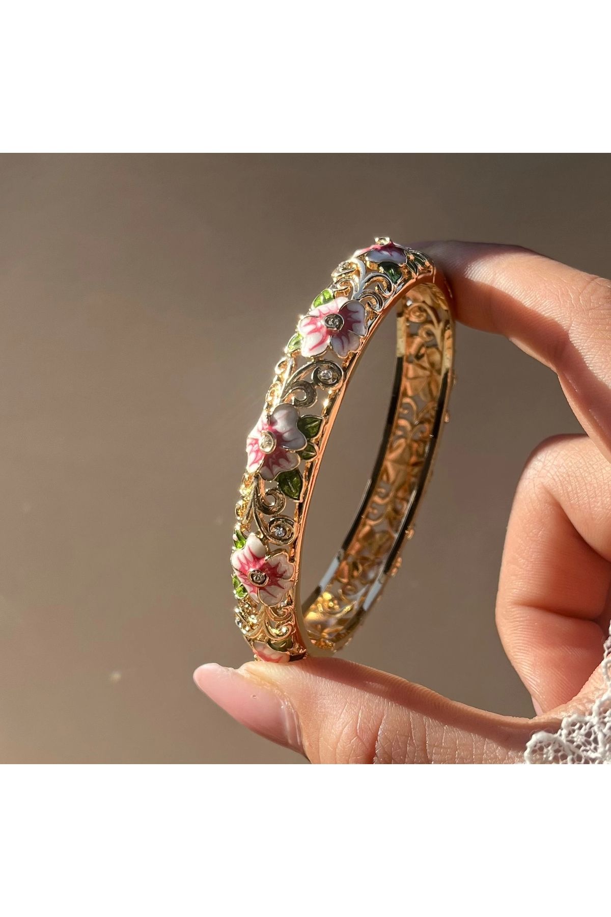 Vintagezegeni Saten Pembe Çiçekli Mineli Bileklik